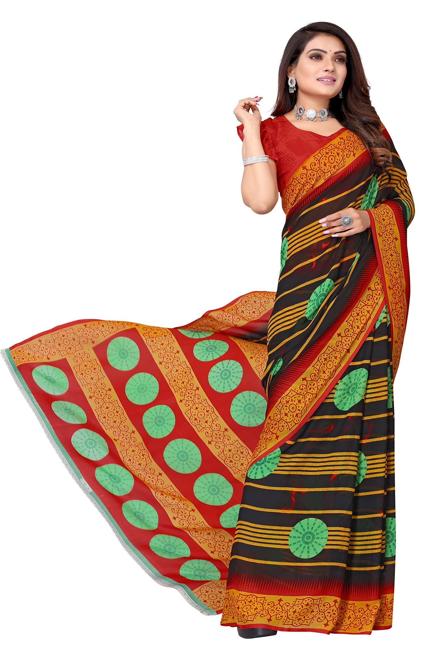 Tarshika Womens Georgette Printed Saree With Blouse Piece(SHIVANI BLACK_Free Size)
