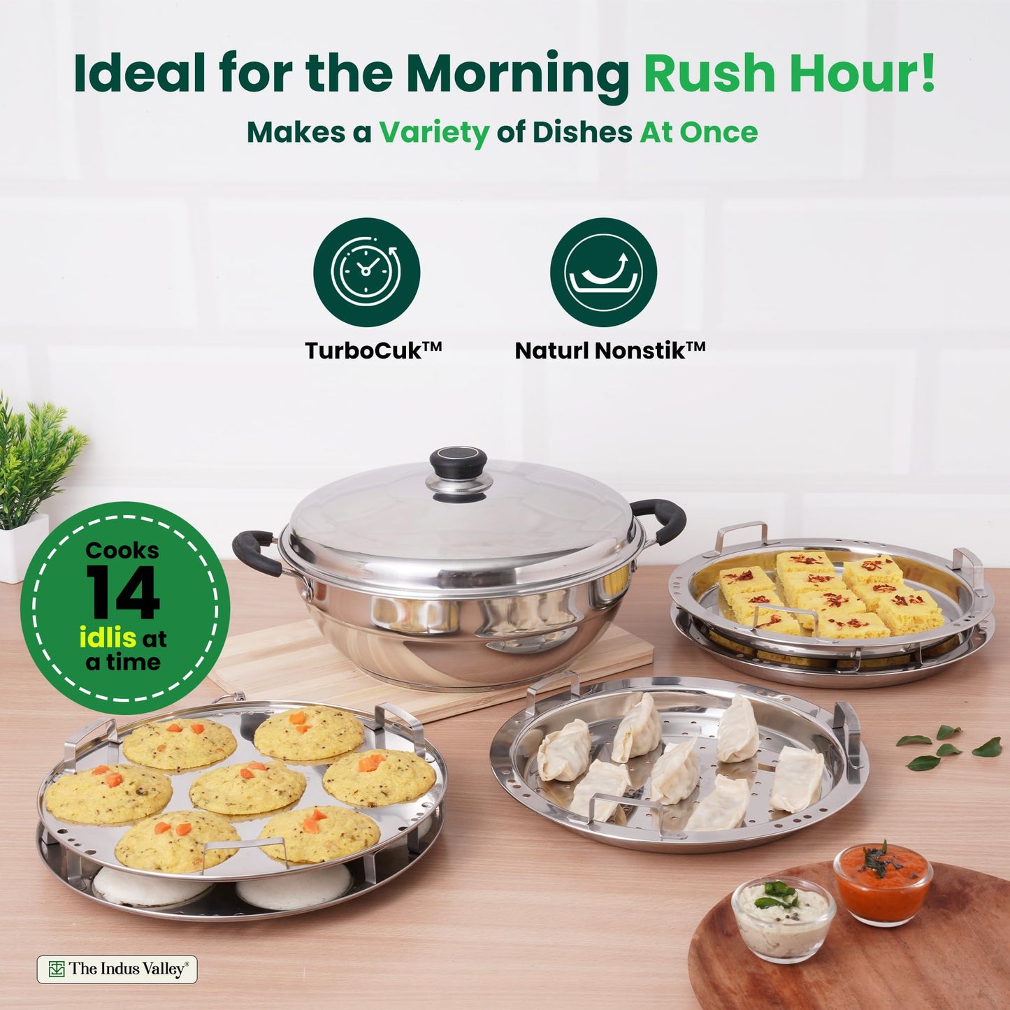 The Indus Valley Stainless Steel Idli Maker/Momo Maker/Multi Kadai/Steamer Set | Large, 5 Plates, 2 Idli | 2 Dhokla | 1 Steamer | 29cm/11.3 inch, 4.2Ltr, 2.5kg | 3-Layer Thick Bottom | Induction friendly