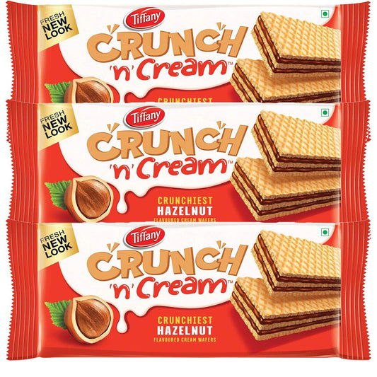 Tiffany Wafers Crunch N Cream Crunchiest Sandwich Hazelnut Flavored Cream Wafers (Pack of 3, 135 g),Great for Snacking and Sharing