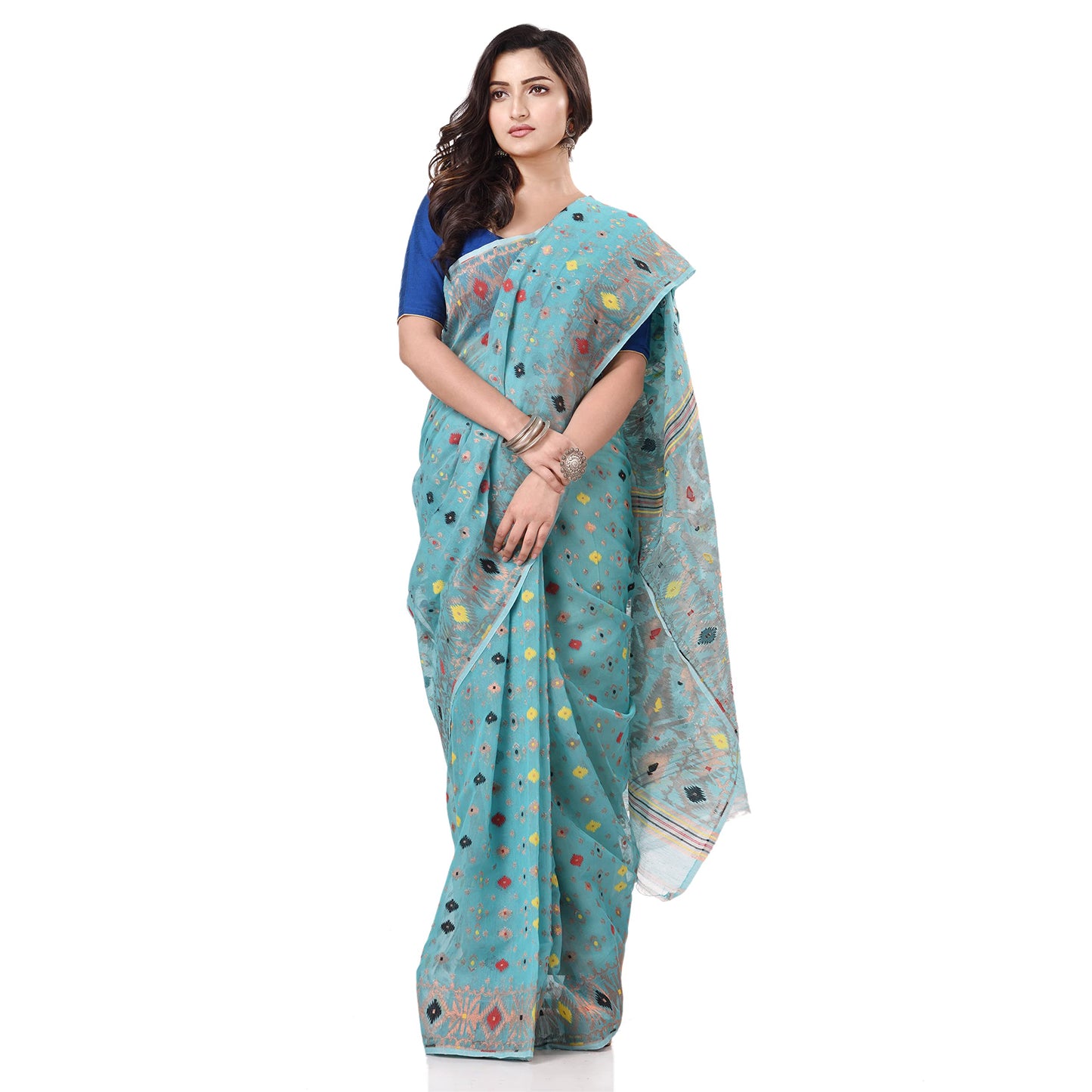 Tantloom Women's Jamdani Cotton Blend Saree With Blouse Piece (Tl290722Jmzarikarat_F_Firozi)