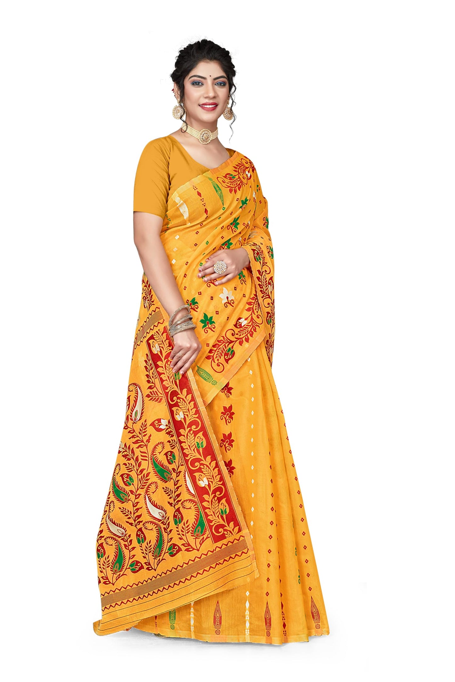 BROYAAR SHOP Women Soft Resham Dhakai Jamdani Relaxed Fit Blend Silk Saree Whole Body Design Without Regular Fit Blouse Piece(Gold)