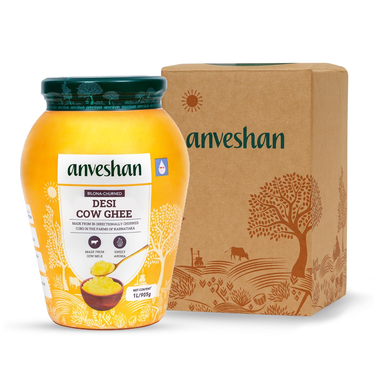 Anveshan A2 Desi Cow Ghee 1 Litre | Traditionally Bilona-Churned, Danedar Ghee | Aromatic| NABL Lab Tested (70+ tests), Cruelty-Free | Grass-Fed | Glass Jar