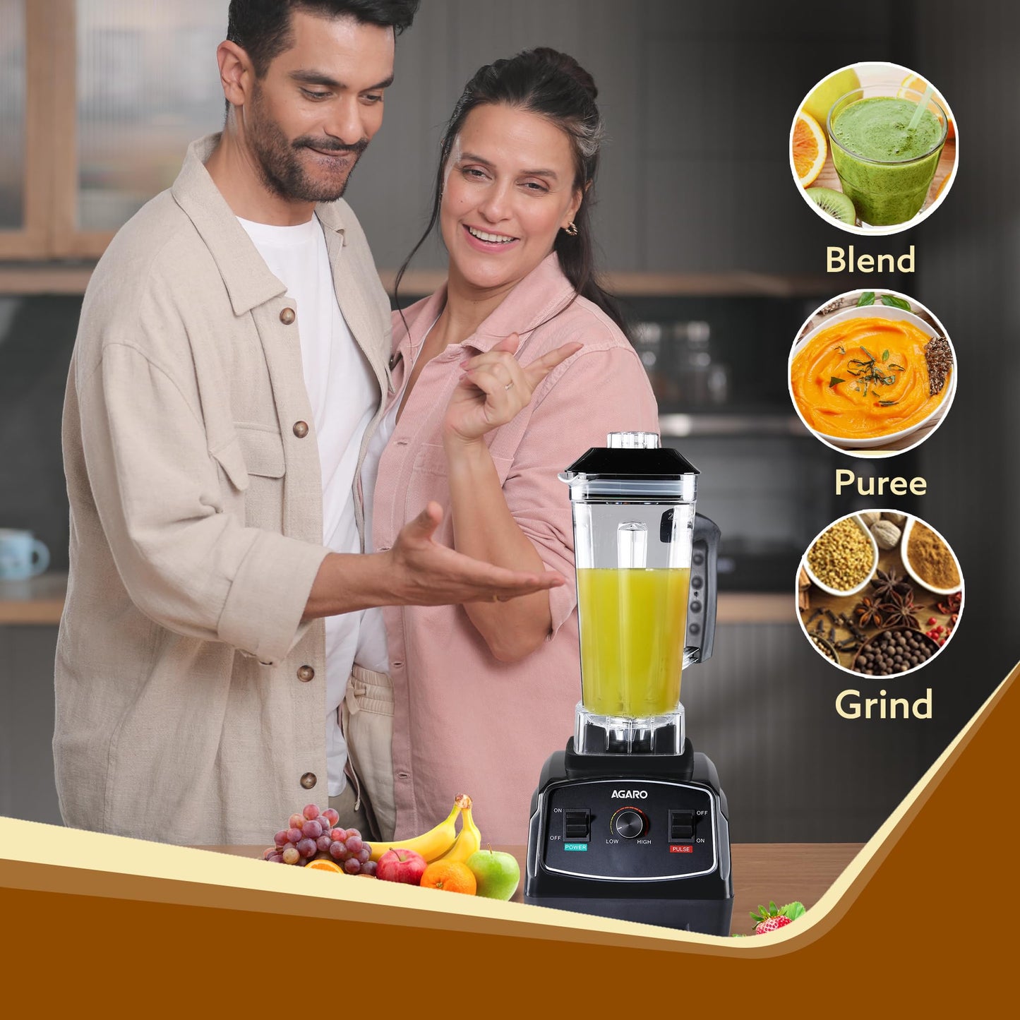 AGARO Grand Professional Blender/Grinder/Mixer, 2000 watts, 2 Litres BPA Free Jar, Commercial heavy duty blender, High Power & Speed Blender, 100% Copper Motor, Pulse Function, 8 Leaf SS Blade