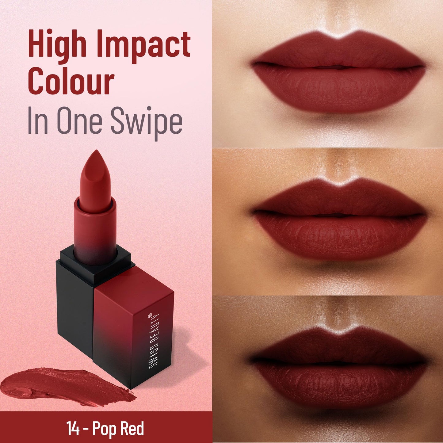 Swiss Beauty Hd Matte Pigmented Smudge Proof Lipstick | Creamy Matte Long Stay Lipstick | Pop Red, 3.4g
