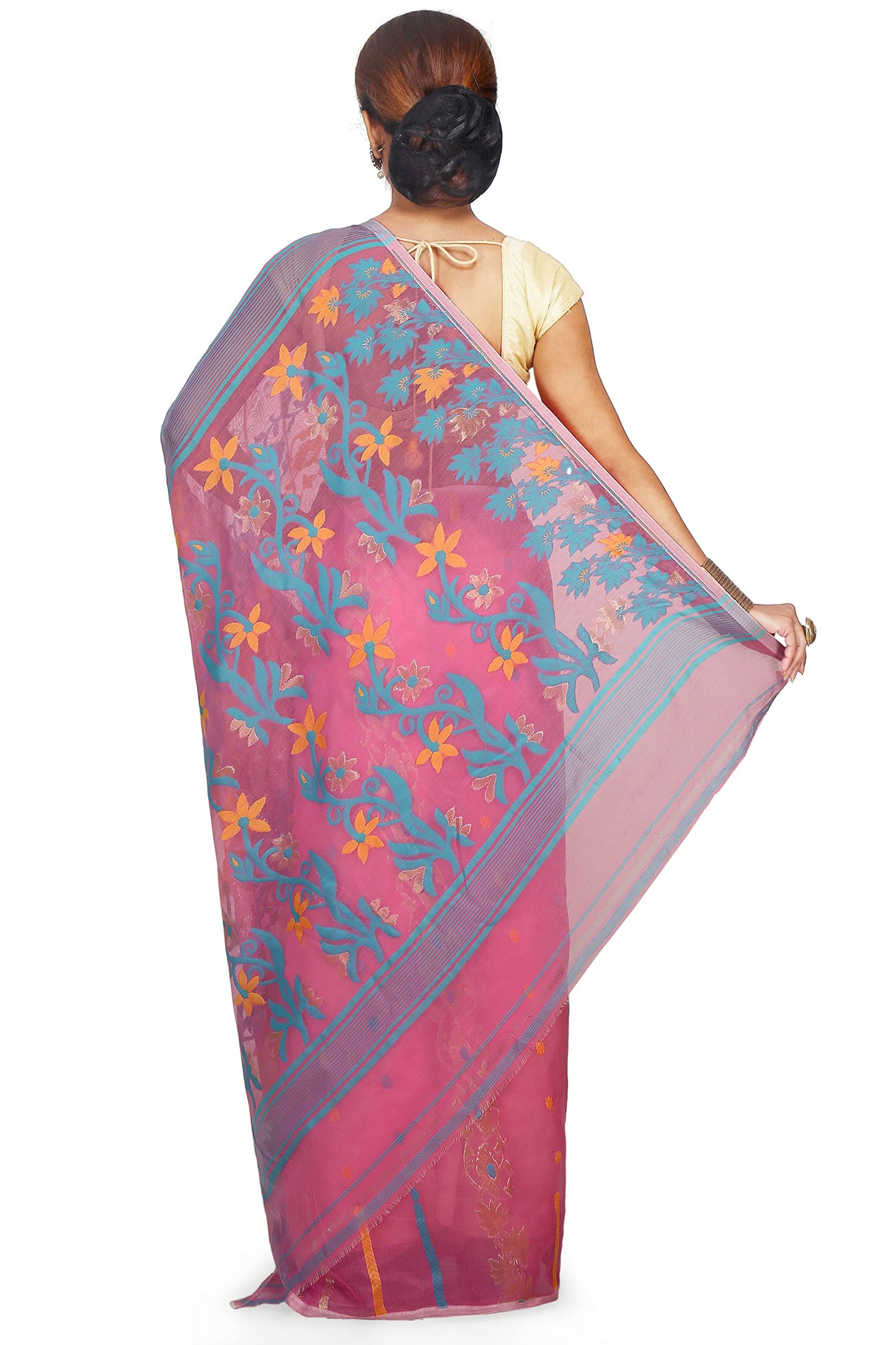 BENGAL HANDLOOM Exclusive Women's Soft Dhakai Patta Jamdani Cotton Silk, Pink Sarees