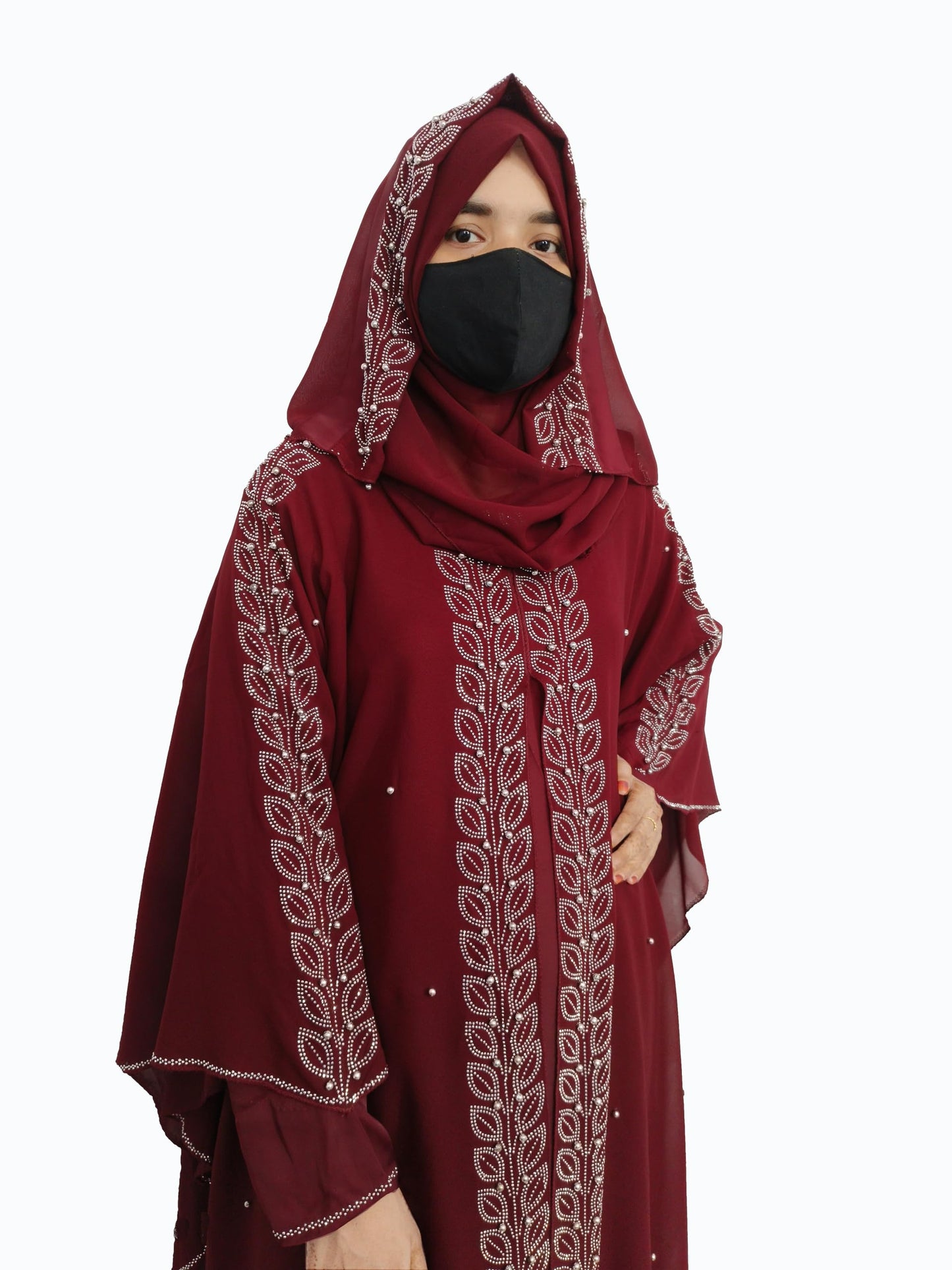 BURAQUE DESIGNER Nida fabric Free Size Muslim Burqa/Abaya & Burkha Dress for Muslim women and Girl's (F01-Maroon Leaf-Burkha)