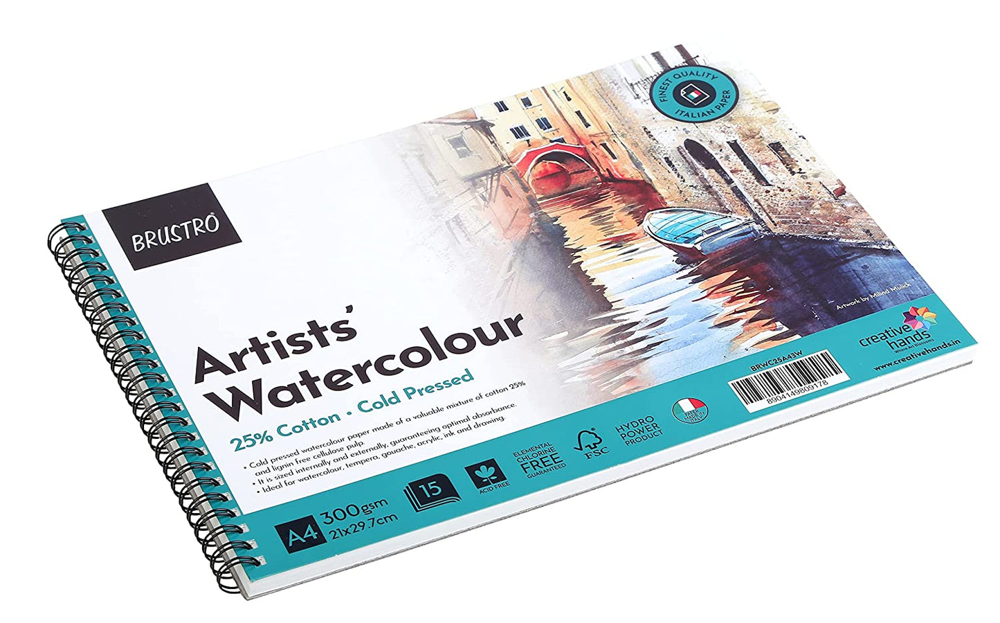 BRUSTRO Artist Watercolour Pad 25% Cotton 300 GSM A4 Wiro - 15 Sheets