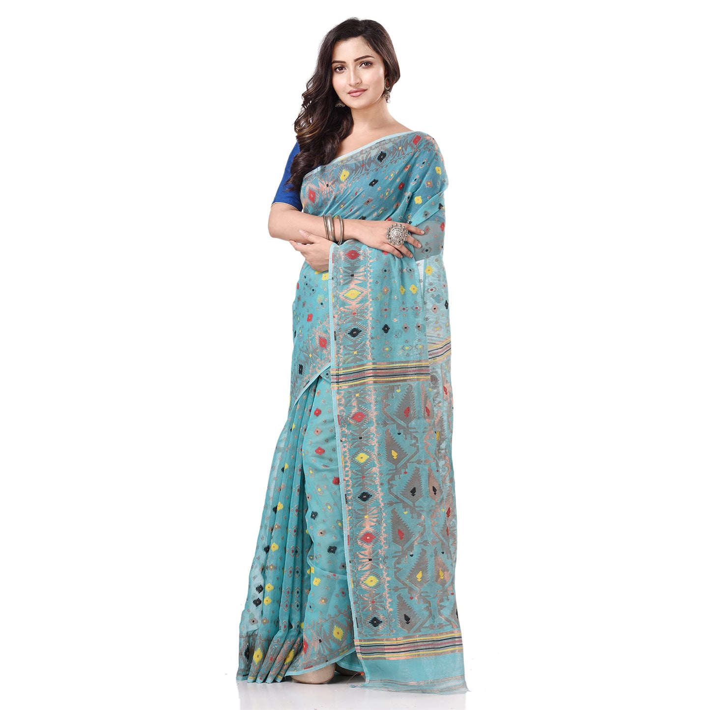 Tantloom Women's Jamdani Cotton Blend Saree With Blouse Piece (Tl290722Jmzarikarat_F_Firozi)