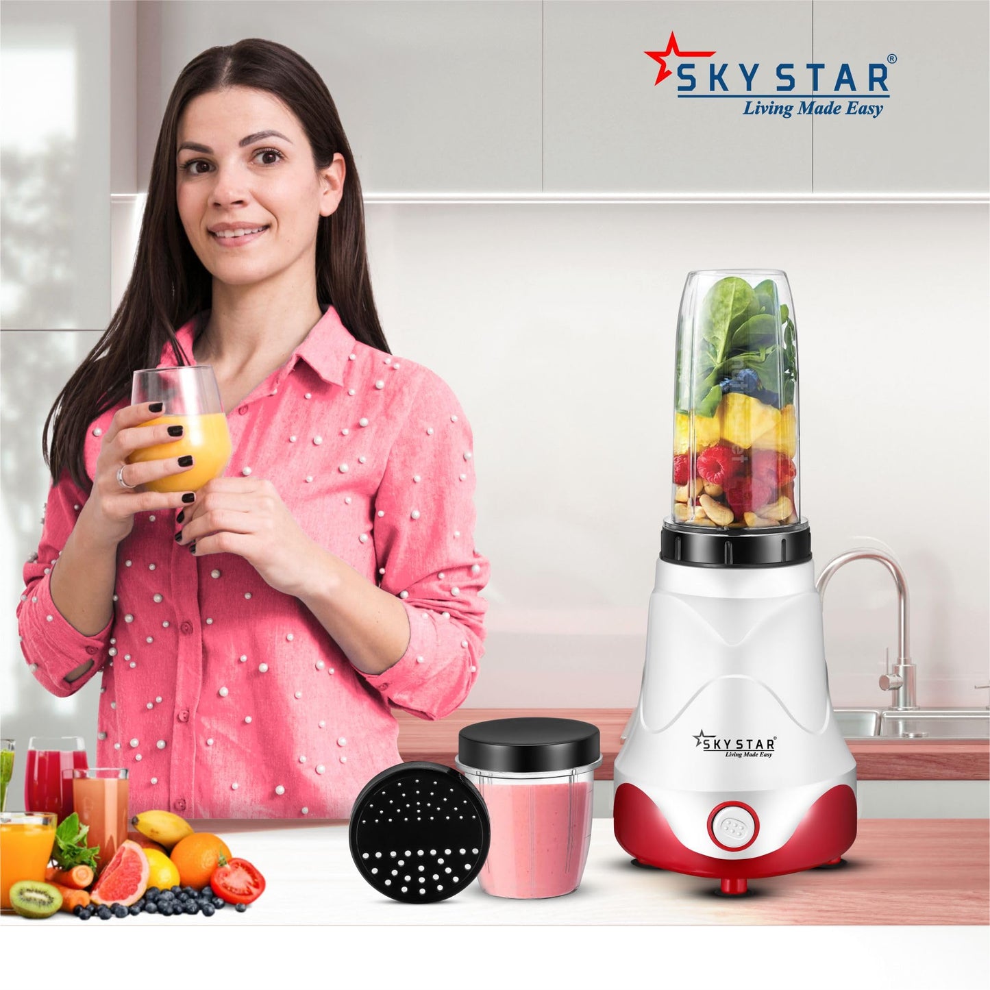skystar Nutri-Blender Pro 100% Copper Motor With 2 Unbreakable Jars & 1 Blade Juicer Mixer Grinder (2 Jars, White, Red) & 18 Months Motor Warranty, 750 Watts