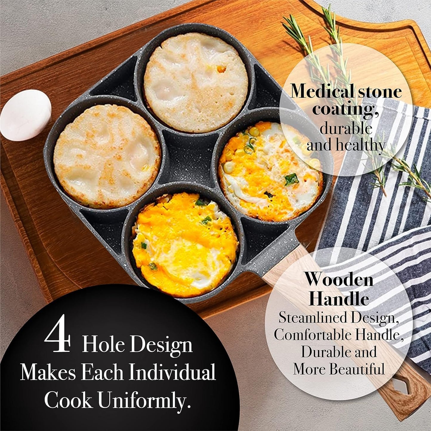 Cannagenix 4 Cups Egg Pan Omelette Pan Frying Pan Egg Frying Pan 4 Cup Crepe Pan Granite Egg Cooker Breakfast Pancakes Pan Suitable for Gas Stove & Induction Cookware (Wood Grain Handle)