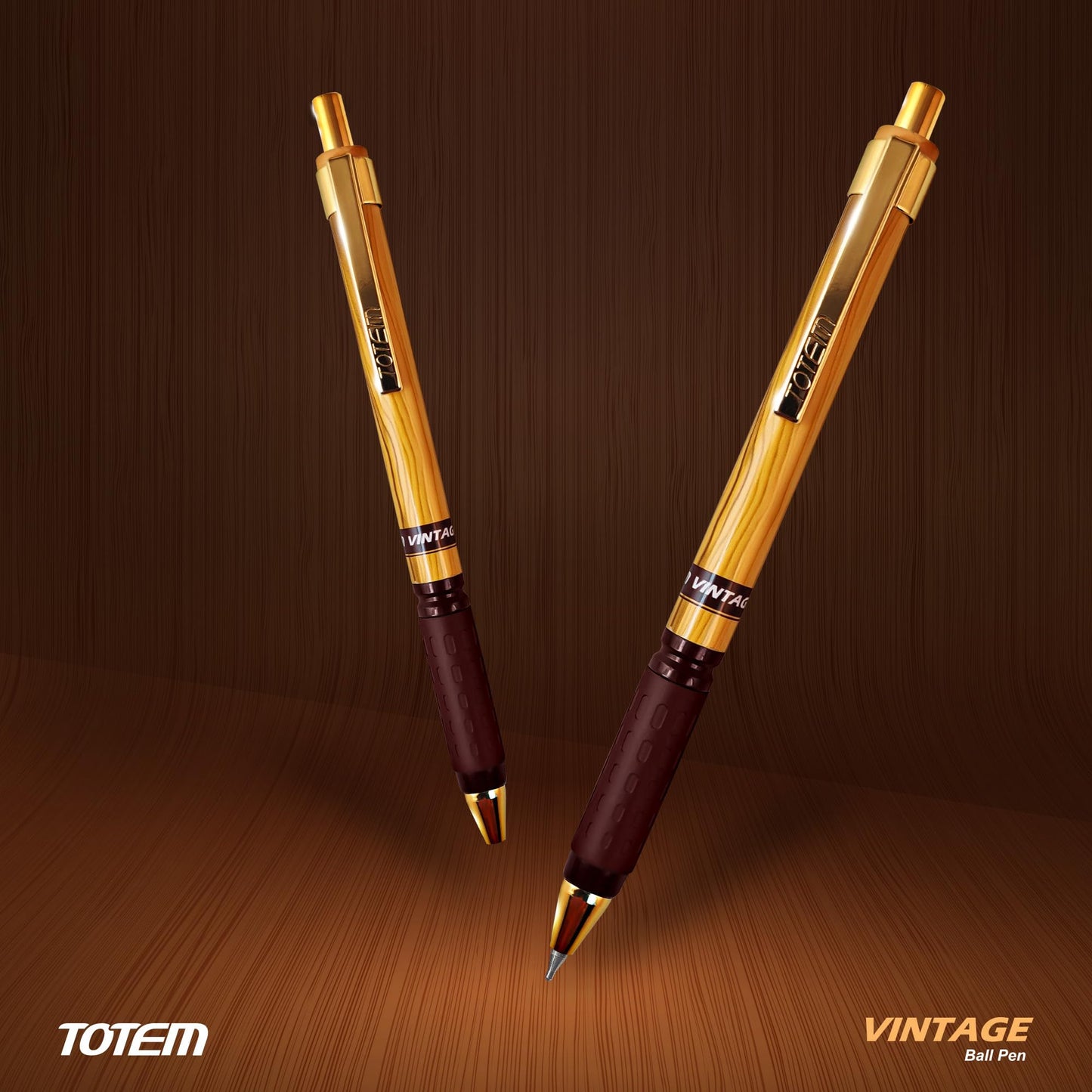 TOTEM Vintage Ball Pens | 10 Blue Ink Pens | Attractive Woody Texture | 0.7 mm Tip | Pens for Students | Comfortable Grip | Smudge Free Writing | Retractable & Click Pens | Gifting & Office Purpose