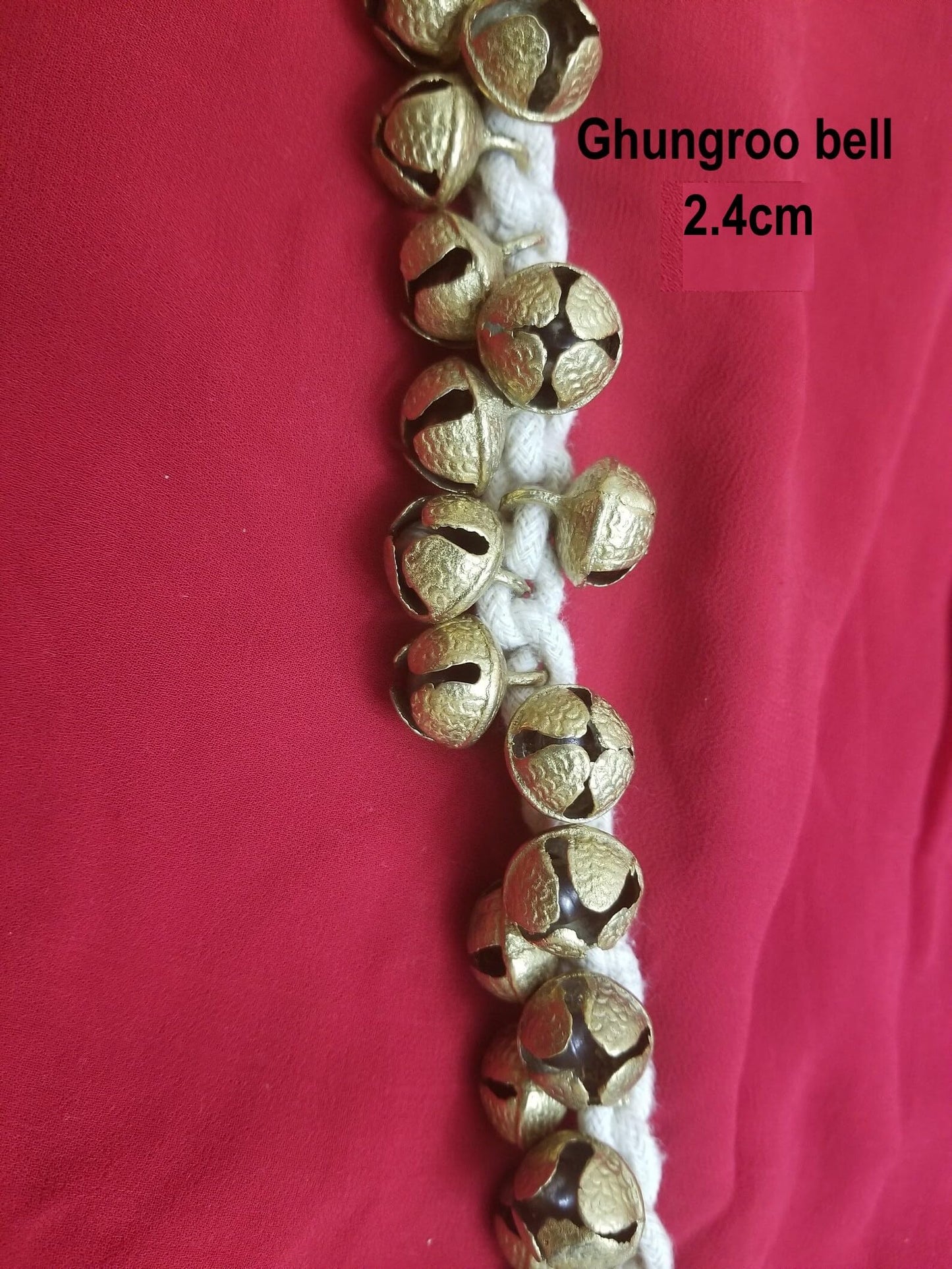 SKSM METALS ® KATHAK GHUNGROO WHITE COTTON STRING (2.5cm, Brass) (100+100 bells)
