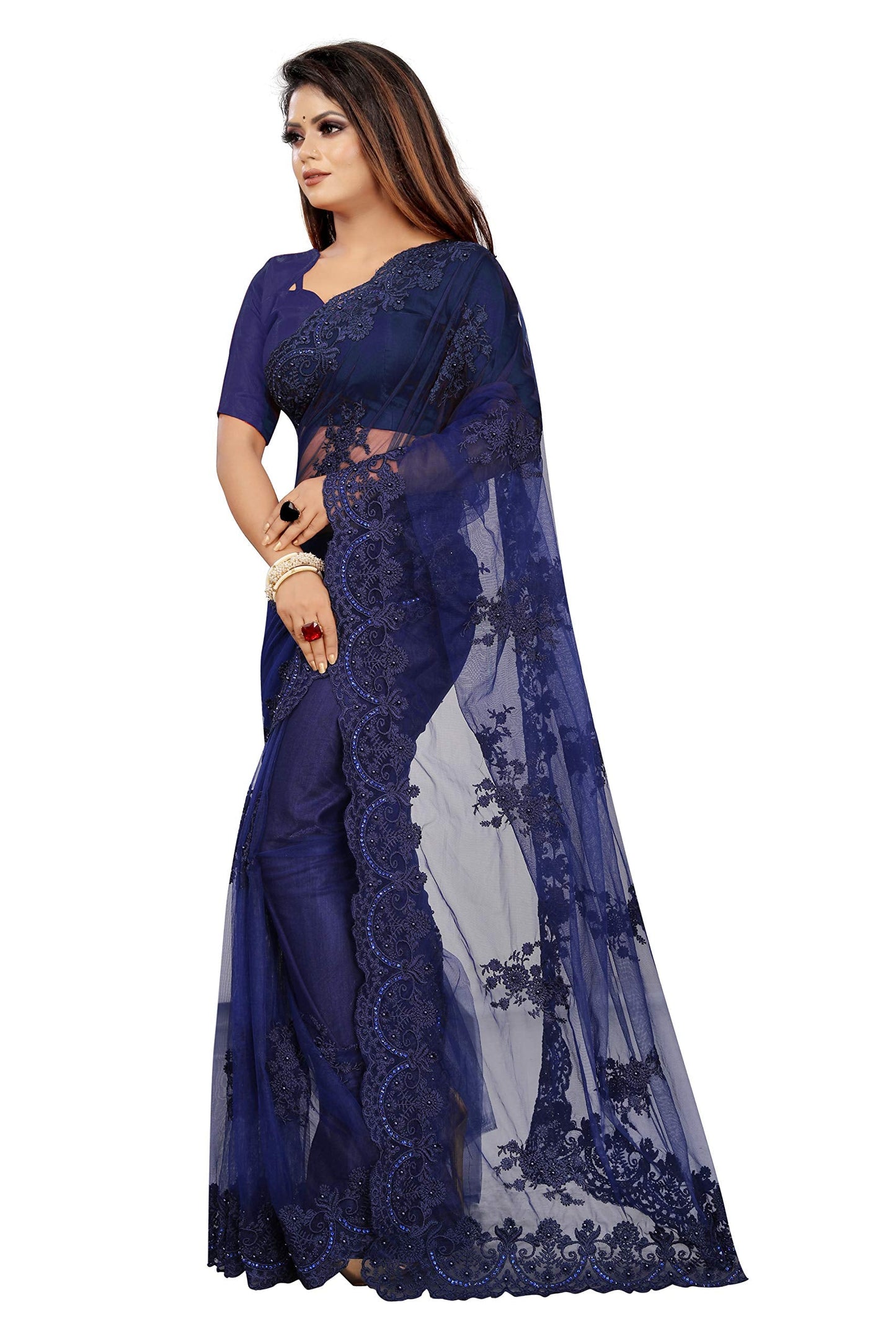 Vastraani Women's Cut Wok Embroidered Woven Net Saree with Blouse Piece (Blue, Free Size)