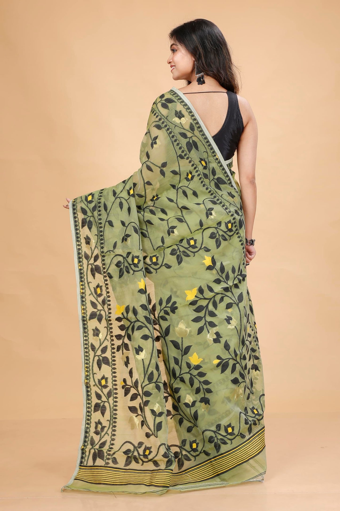 Tant Vastra Women’s Soft Resham Dhakai Lata Jamdani Saree without Starch And Without Blouse Piece (Light Pista)