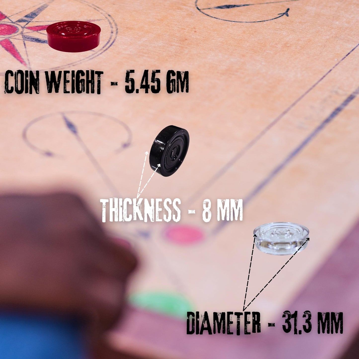 Vinson Carrom Board Coins in Box - 24 Pcs with 2 Strikers & Disco Powder (20 GMS) | Transparent Crystal/Acrylic Finish | Indoor Game Play Fun for Kids,Adults & Family