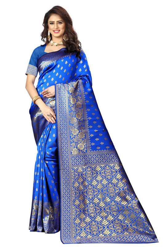 Sugathari Women's Banarasi Saree Pure Kanjivaram Silk Saree Soft new ladies 2023 Design Wear Pattu Sarees Latest Cotton Party Sari collections With Blouse Piece for Wedding sadi (PARI 73 R BLUE)