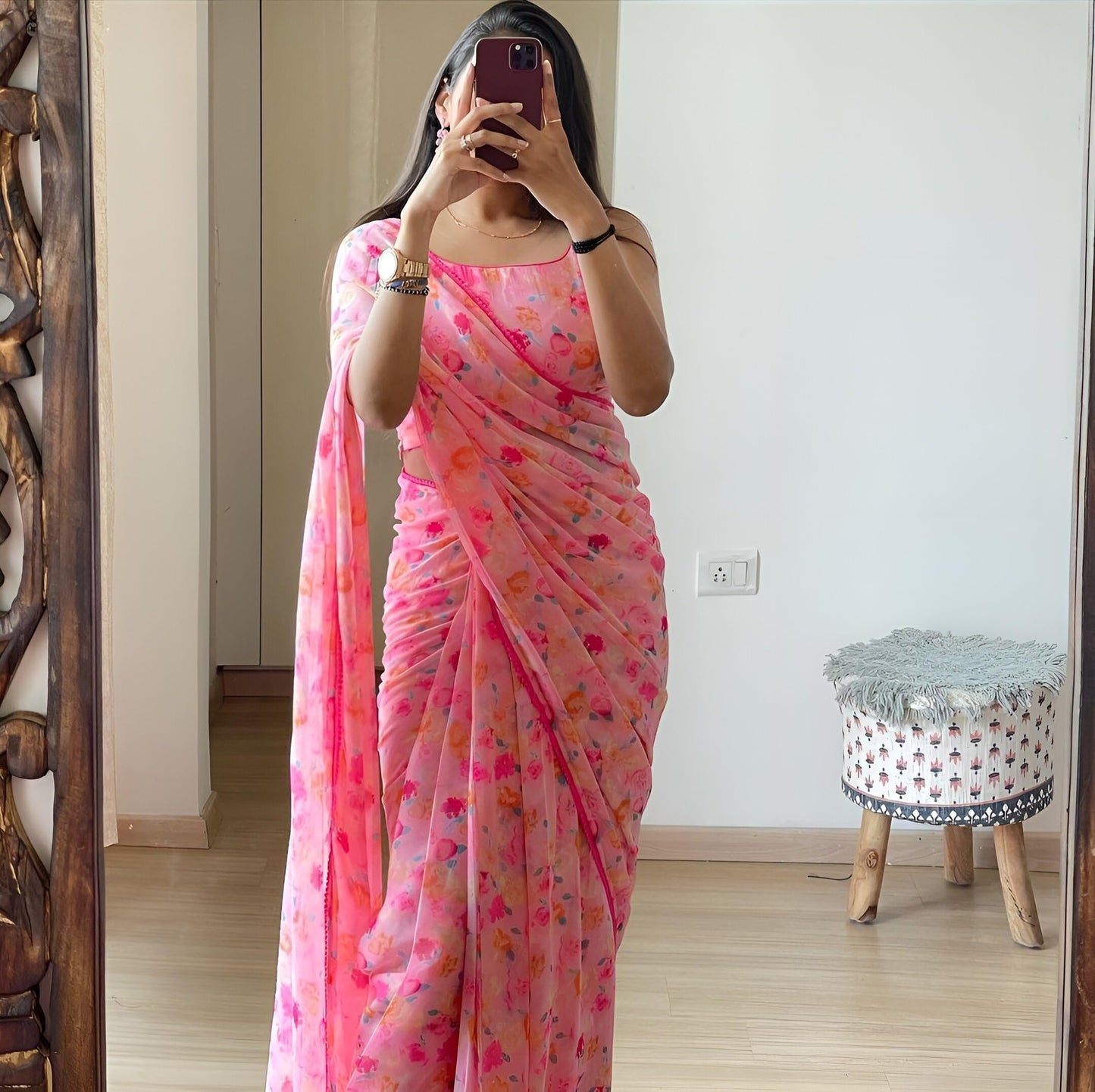 Stylescope Women's Georgette Floral Printed Lace Bordered Ready To Wear One Minute Saree With Print Unstitched Blouse Piece (Candy Pink_Pink_Free Size)