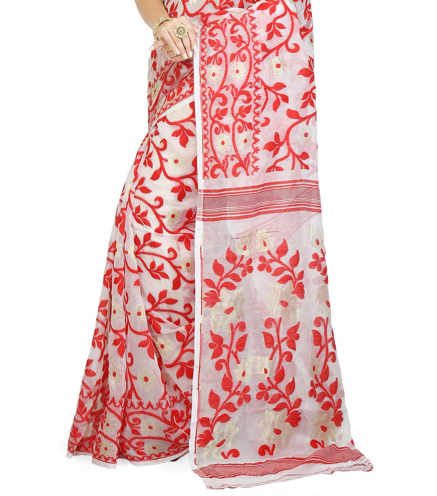 BENGAL HANDLOOM Exclusive Women's Cotton Silk Dhakai Allover Soft Jamdani Sarees (White & Red)