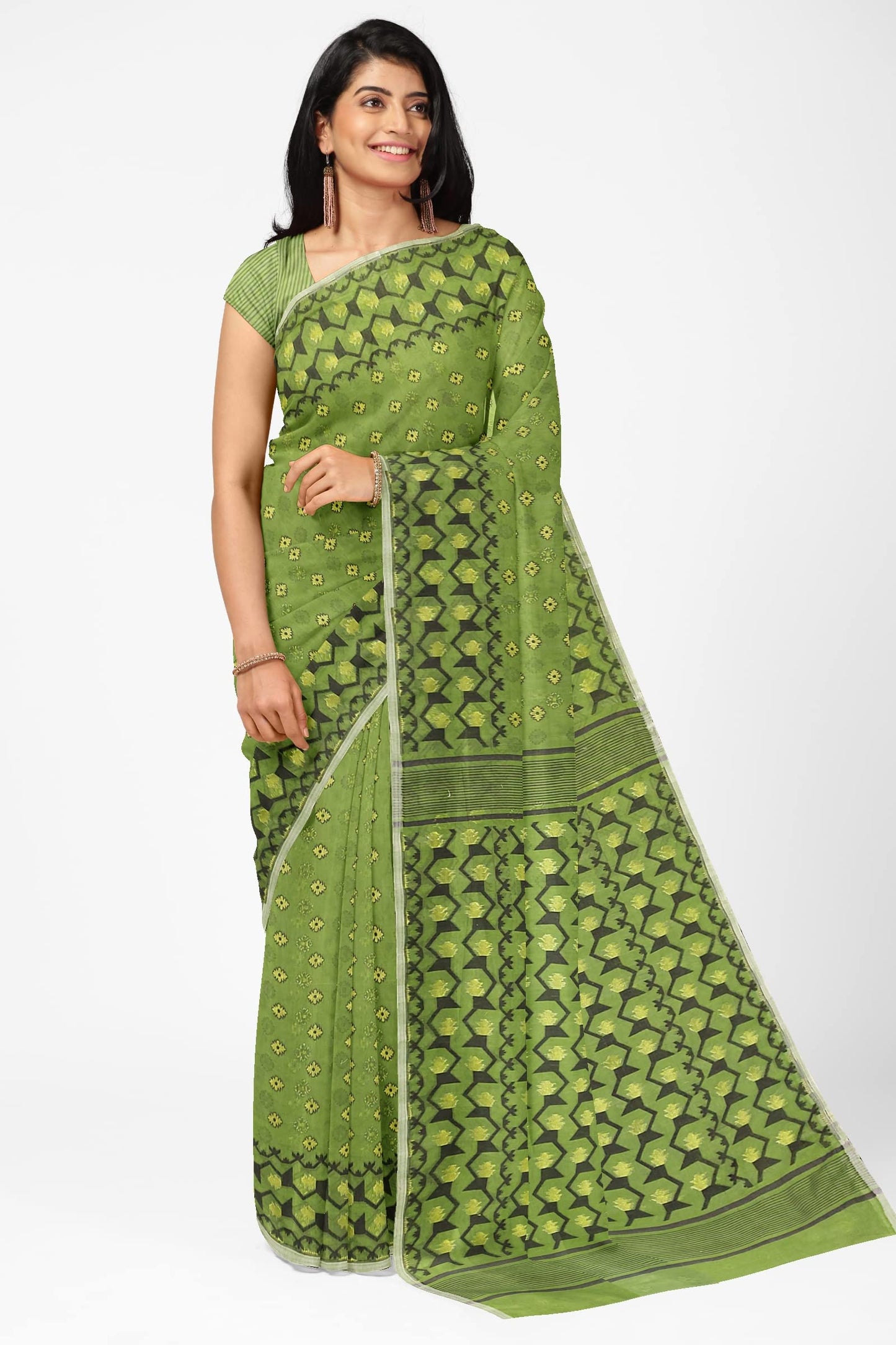 Saree Niketan Women's Traditional Bengal Cotton Silk Dhakai Jamdani Saree. (Green)