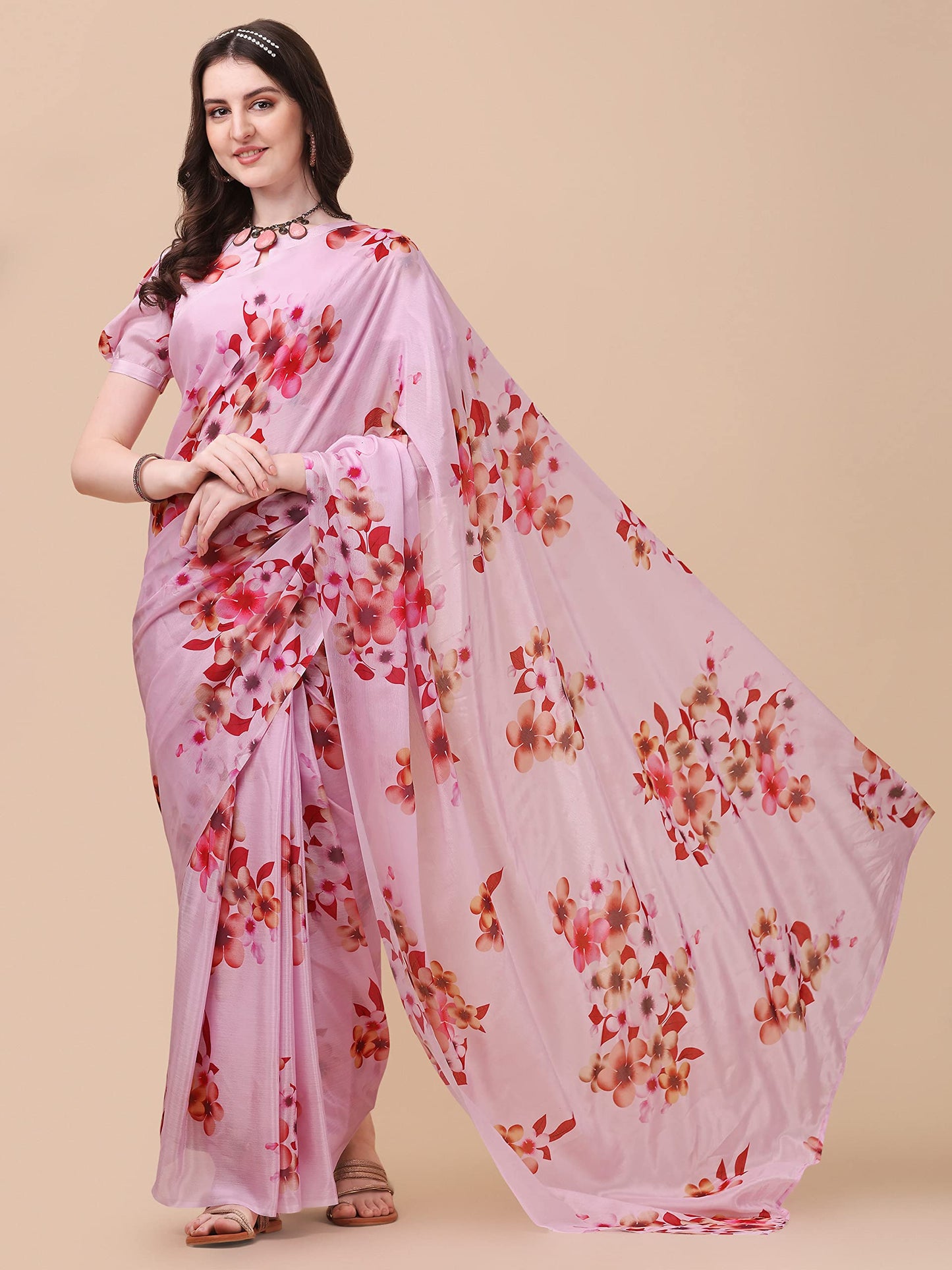Sidhidata Women's Chifon Georgette Printed Ready To Wear Draped Saree With Unstitched Blouse Piece (Mogra Pink_Pink_Free Size)