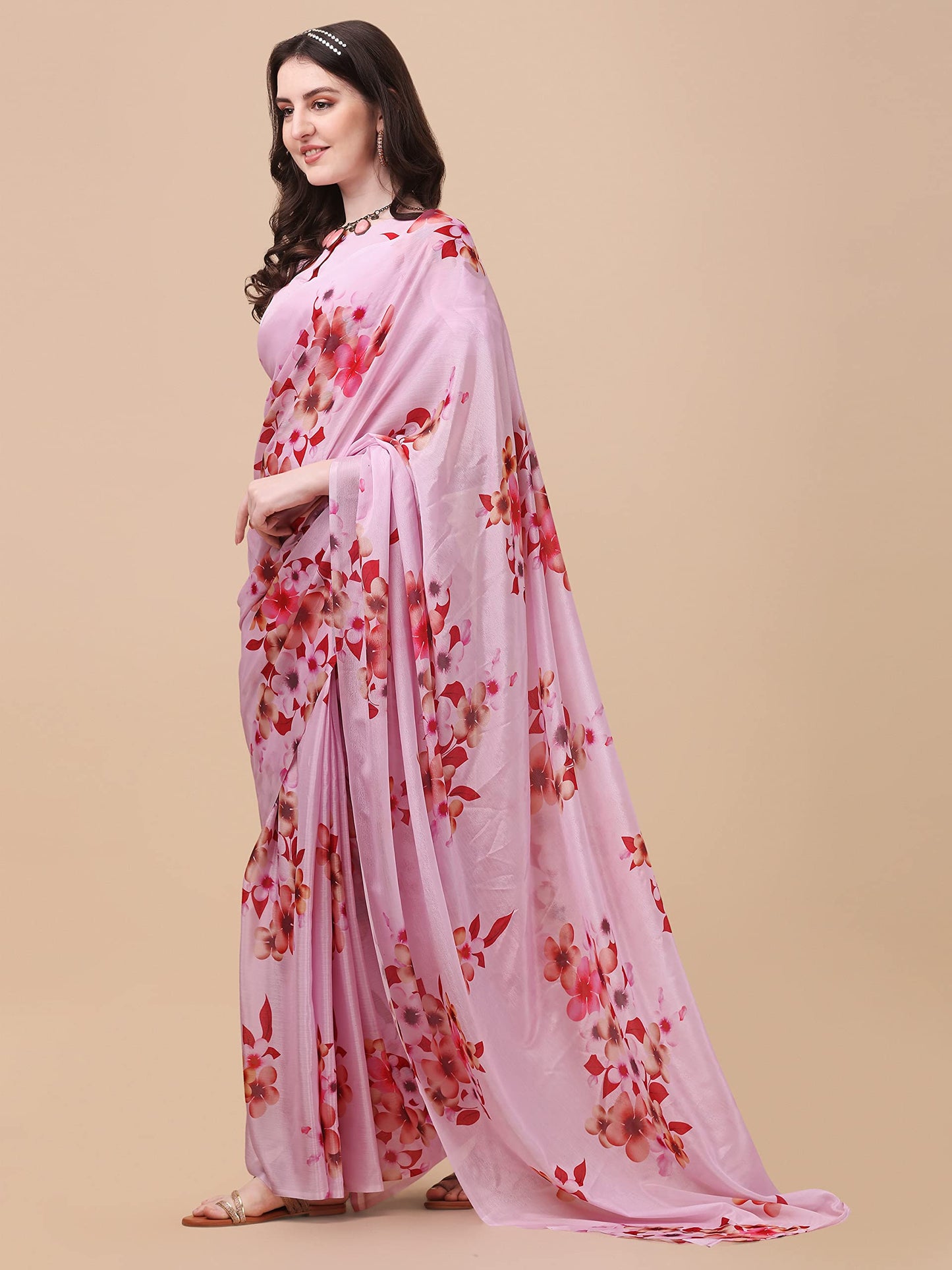 Sidhidata Women's Chifon Georgette Printed Ready To Wear Draped Saree With Unstitched Blouse Piece (Mogra Pink_Pink_Free Size)