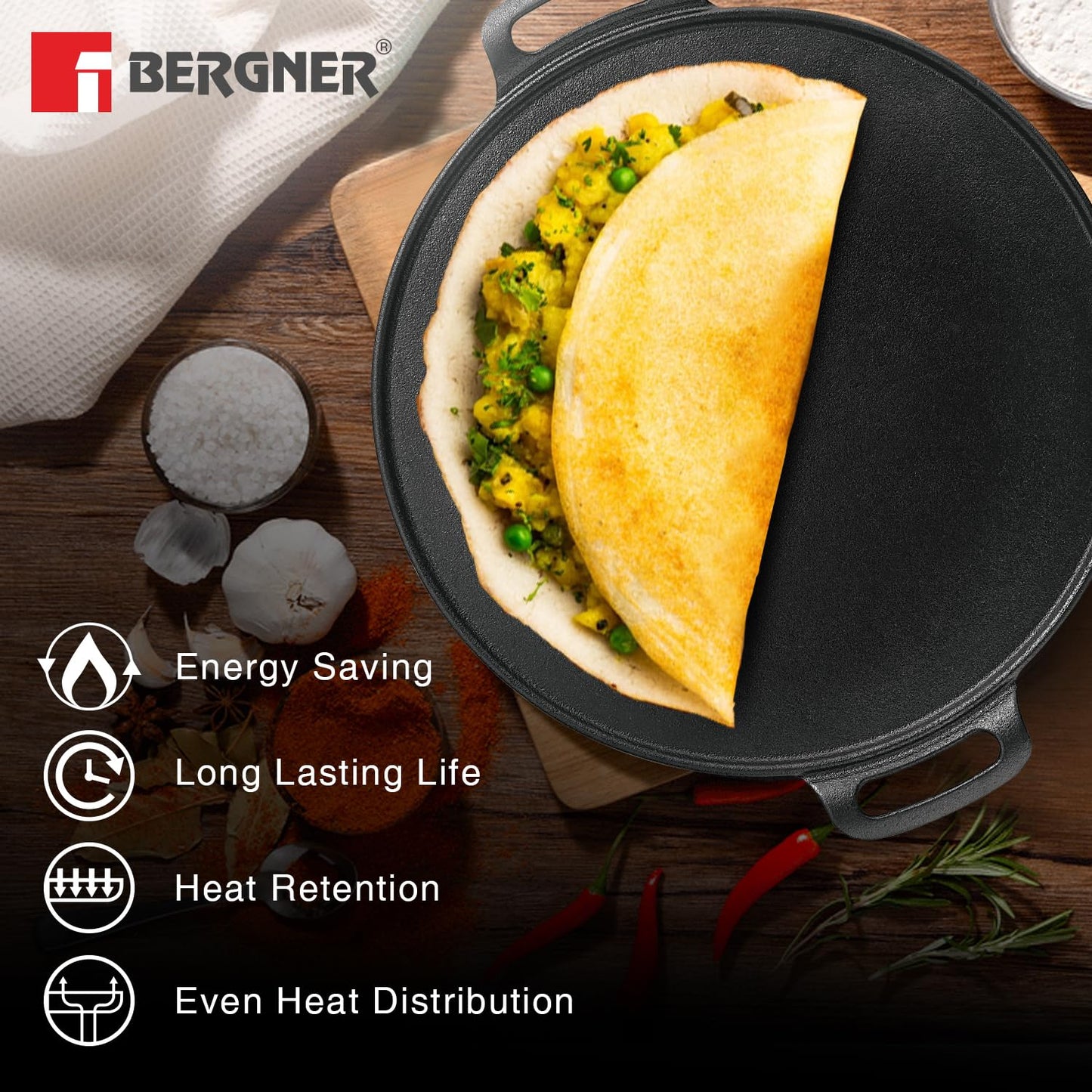 Bergner Eco Cast Iron 30cm Dosa Tawa, Pre-Seasoned, Large Loha Tawa for Dosa, Even Heat Distributor, Retains Heat to Enhance Flavor, Comes with Silicone Sleeve - Induction Base and Gas Stove Ready