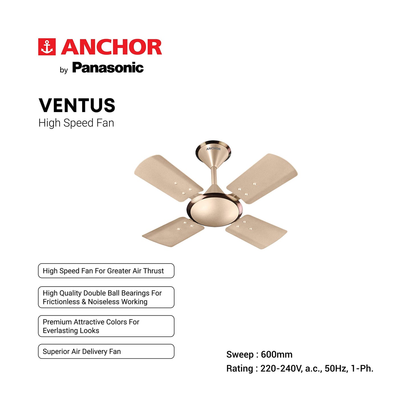 anchor by panasonic Ventus 600mm High Speed Ceiling Fan | 600mm (24 Inch) Ceiling Fan suitable for Kitchen, Veranda, Balcony, Small Room (Smoke Brown Briken, 14074SBB)