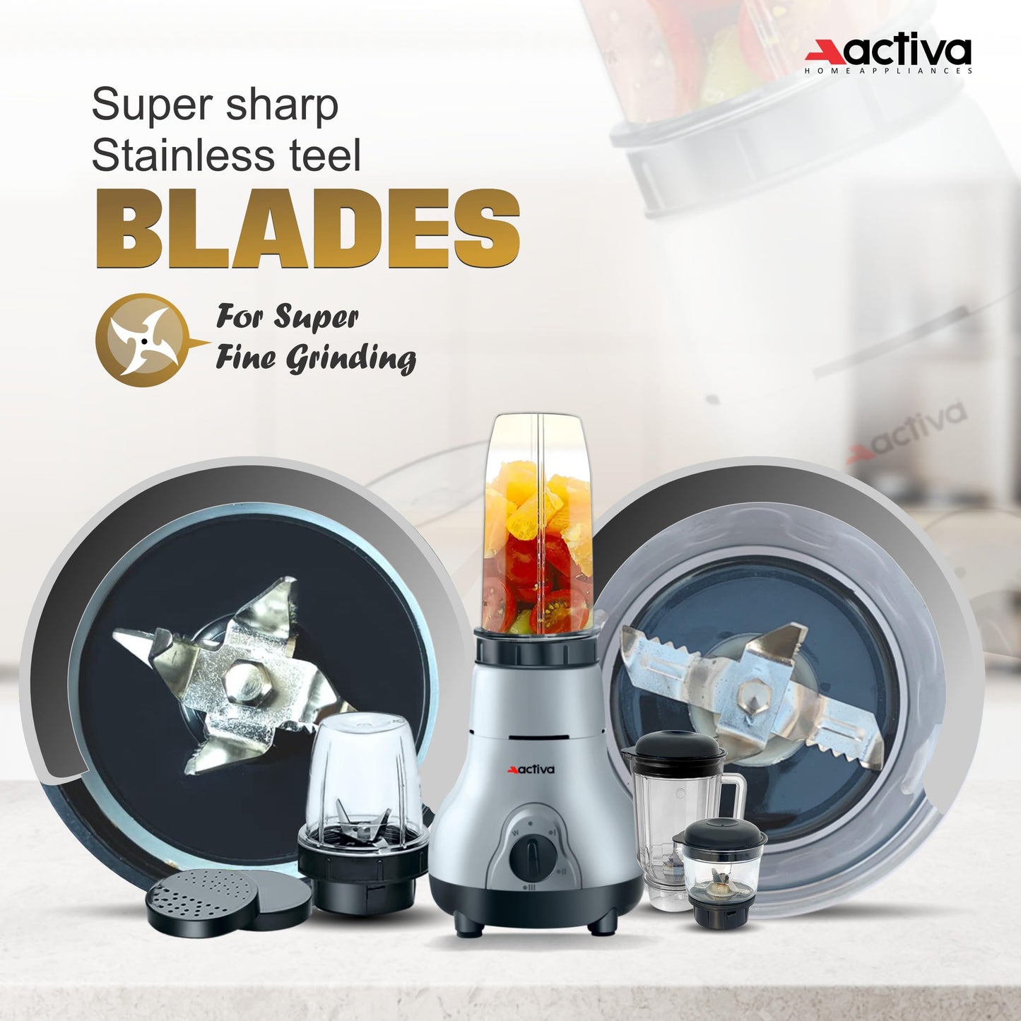 ACTIVA Easy Mix Nutri 4 Jar Mixer Grinder Powerful 500 Watt Motor | Long Lasting Shock Proof Abs Body | Heavy Duty Motor With Nano - Grinding Technology, Gray come with 2 year warranty