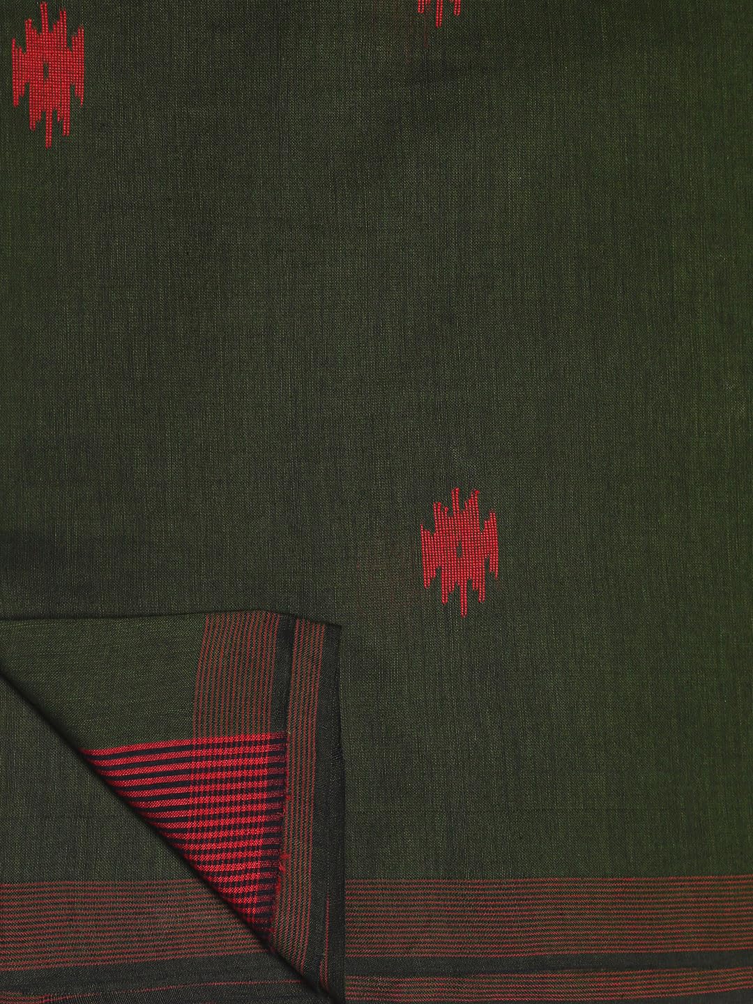 THE WEAVE TRAVELLER Handloom Green Cotton Jamdani Saree With Attached Unstitiched Blouse