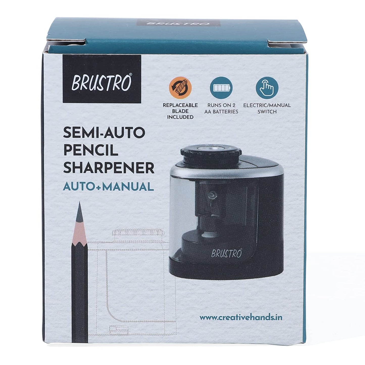 BRUSTRO Semi-Auto Pencil Sharpener | Battery Operated + Manual |Electric Sharpener, Fast Sharping, Automatic, Ideal for Students and Adults, Professional Artists, Auto feed for Home, Office,School use