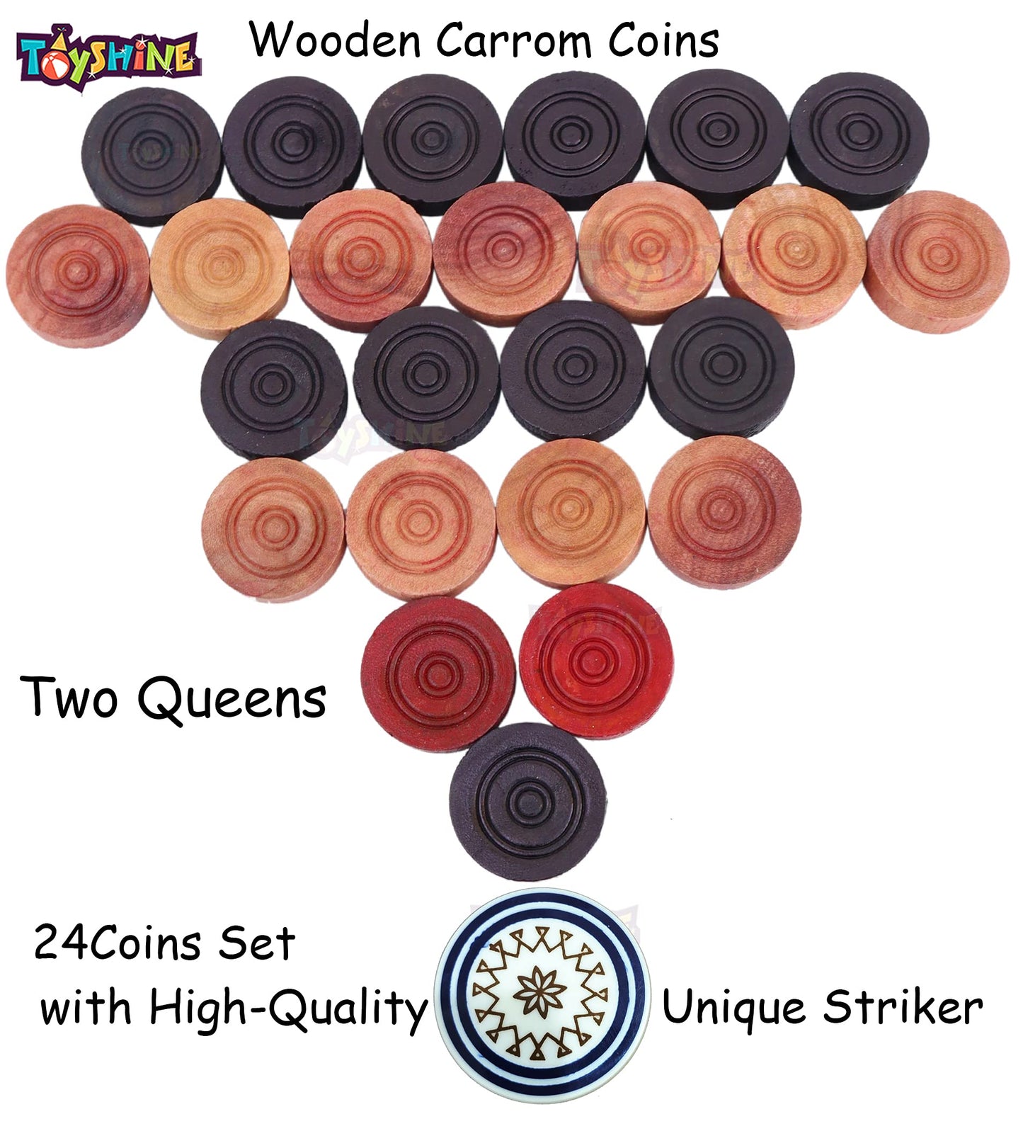 Toyshine Carrom Playing Coins and Powder for kids and adult| 24 Wooden Coins | 1 Striker | 1 Urea Powder SSTP,Multicolor