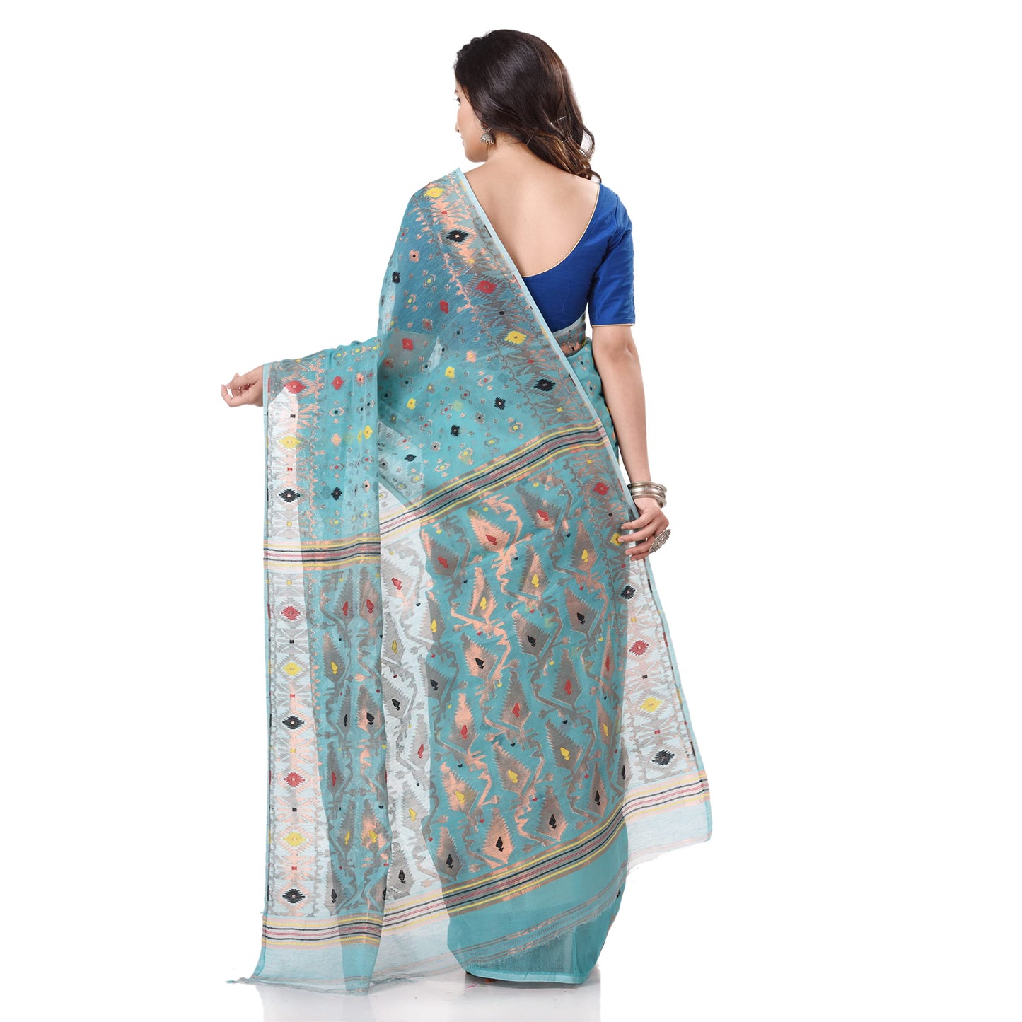 Tantloom Women's Jamdani Cotton Blend Saree With Blouse Piece (Tl290722Jmzarikarat_F_Firozi)