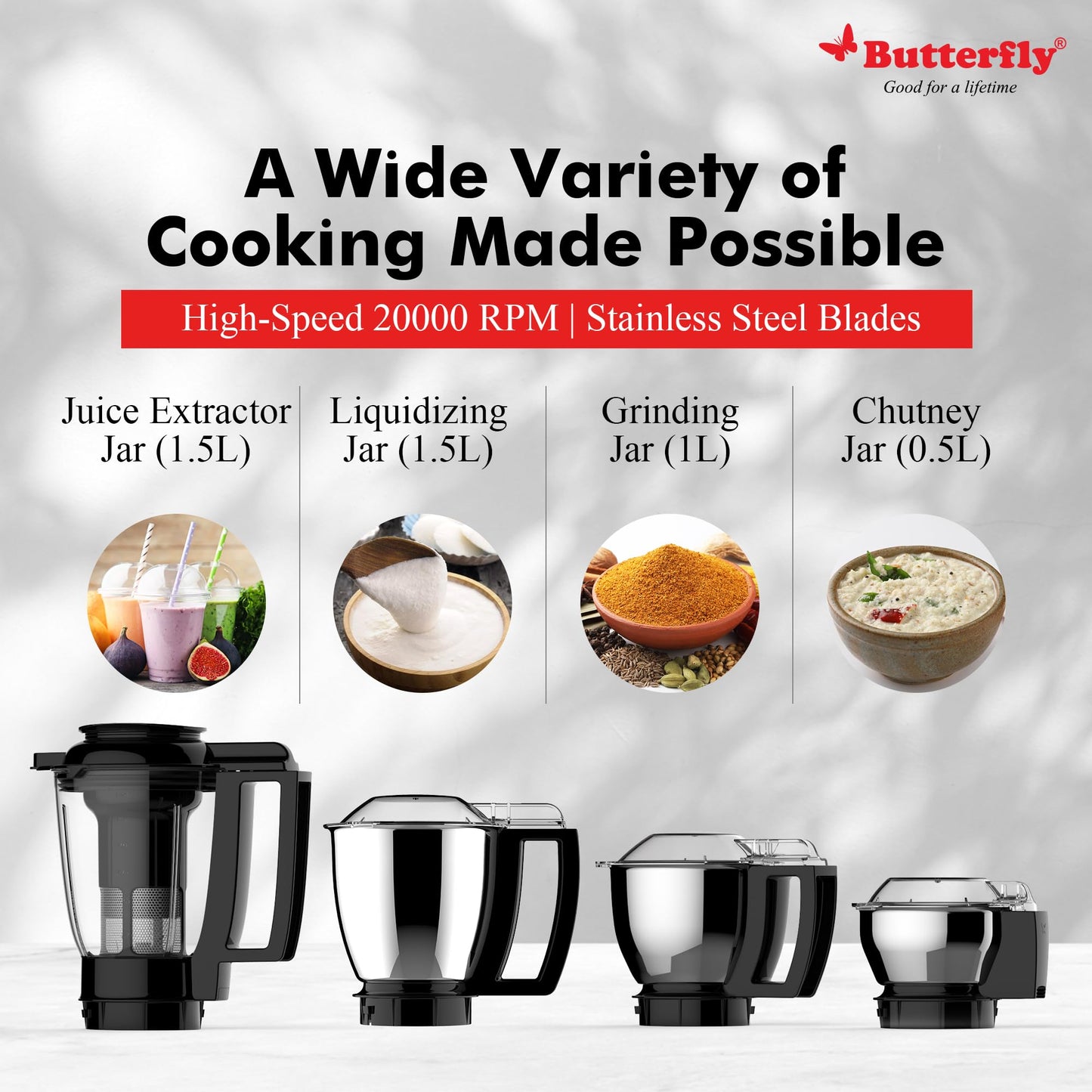 Butterfly Magnum 1.2HP Mixer Grinder with 4 Jars | 100% Copper Motor | 3 Stainless Steel Multipurpose Jars and 1 Juicer Jar | ABS Body | Handsfree Operation | Lifetime Motor Warranty| Black