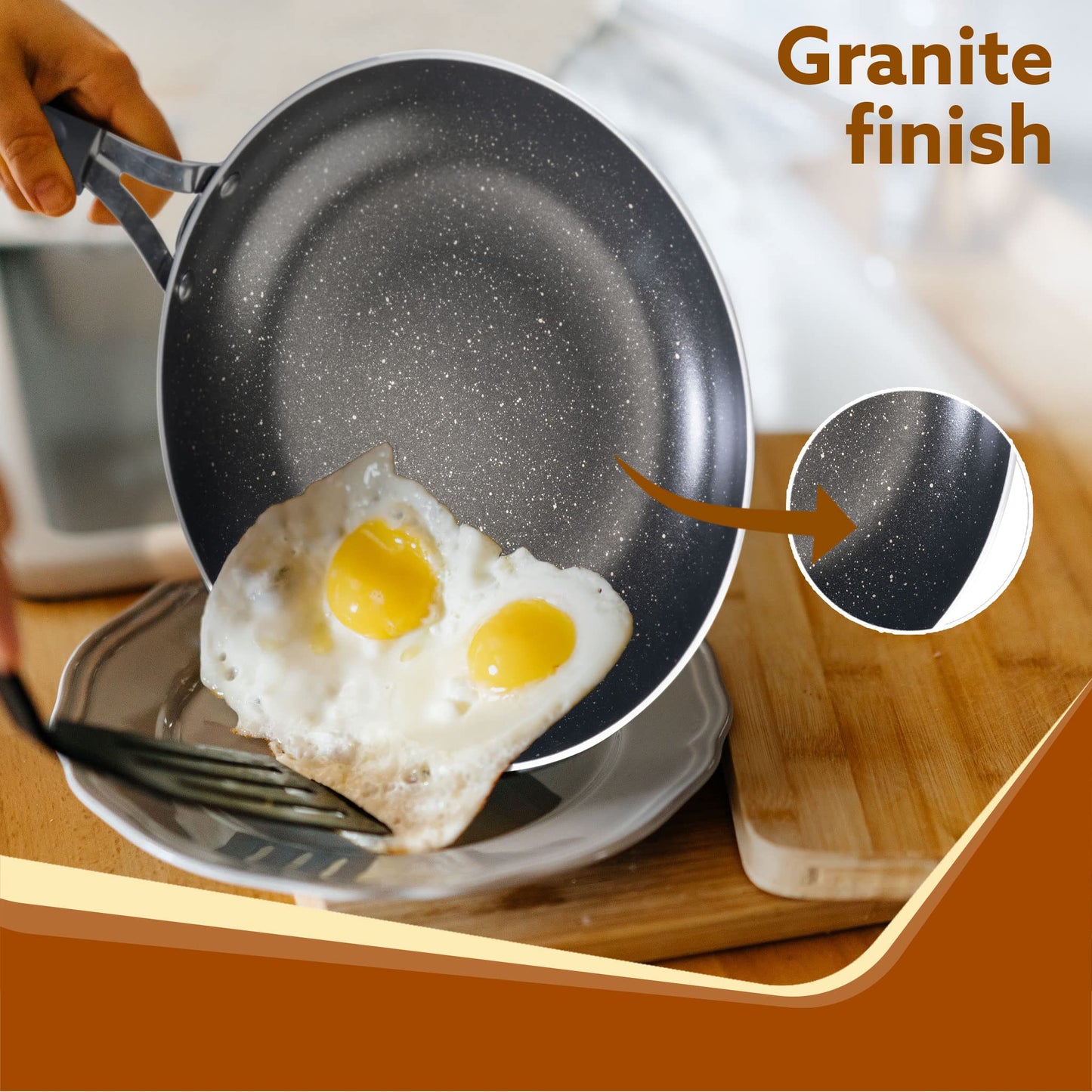 AGARO Elegant Non Stick Frying Pan, 2.25L Capacity, 24 cm Diameter, Induction and Gas Oven Friendly, Riveted Cool Touch Handle, Granite Finish, PFOA Free, 4mm Thick, Cooking, Frying, cookware, Black