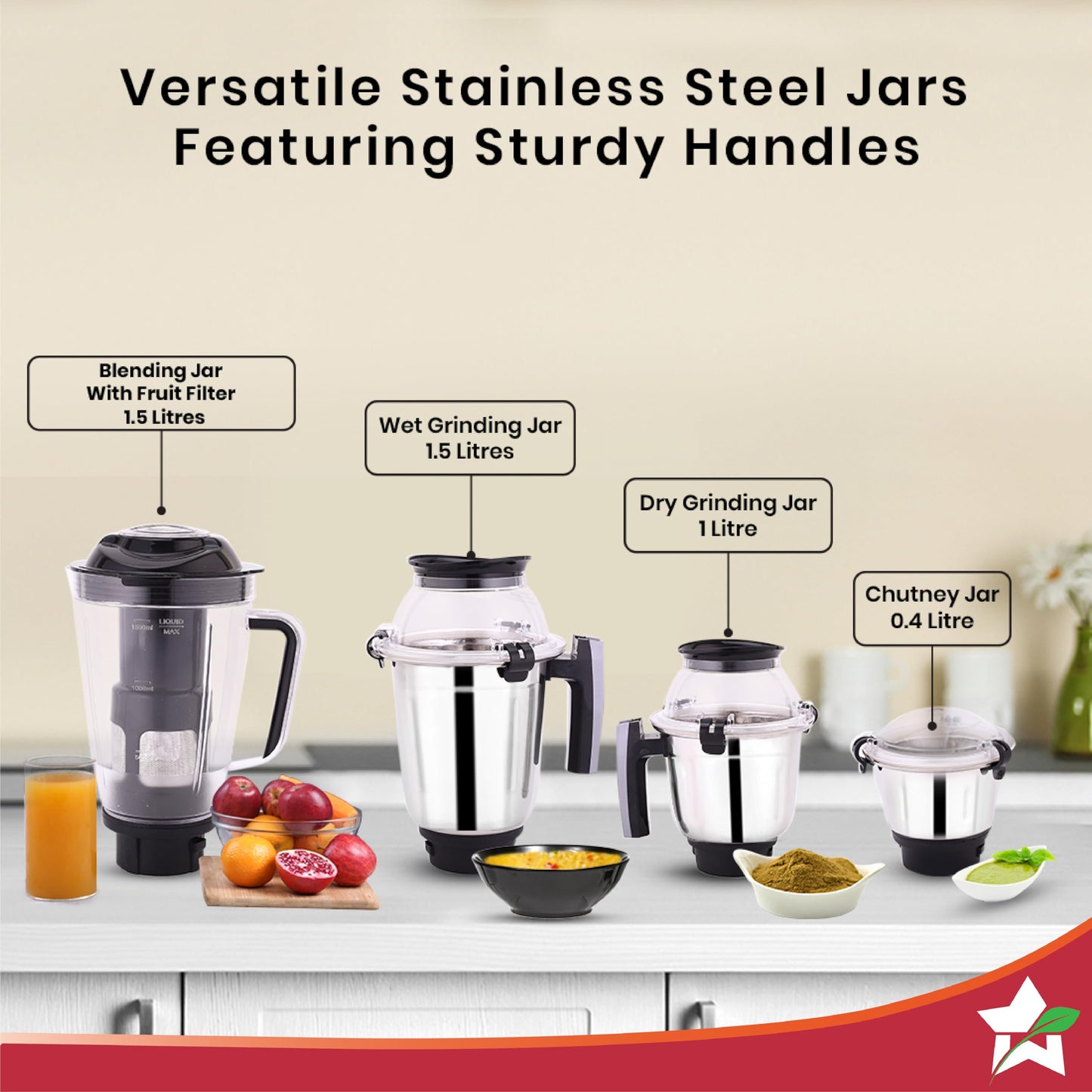 Wonderchef Galaxy Mixer Grinder 750 100% Copper Motor, 4 Stainless Steel Jars, Black & Grey, 5 Years Warranty