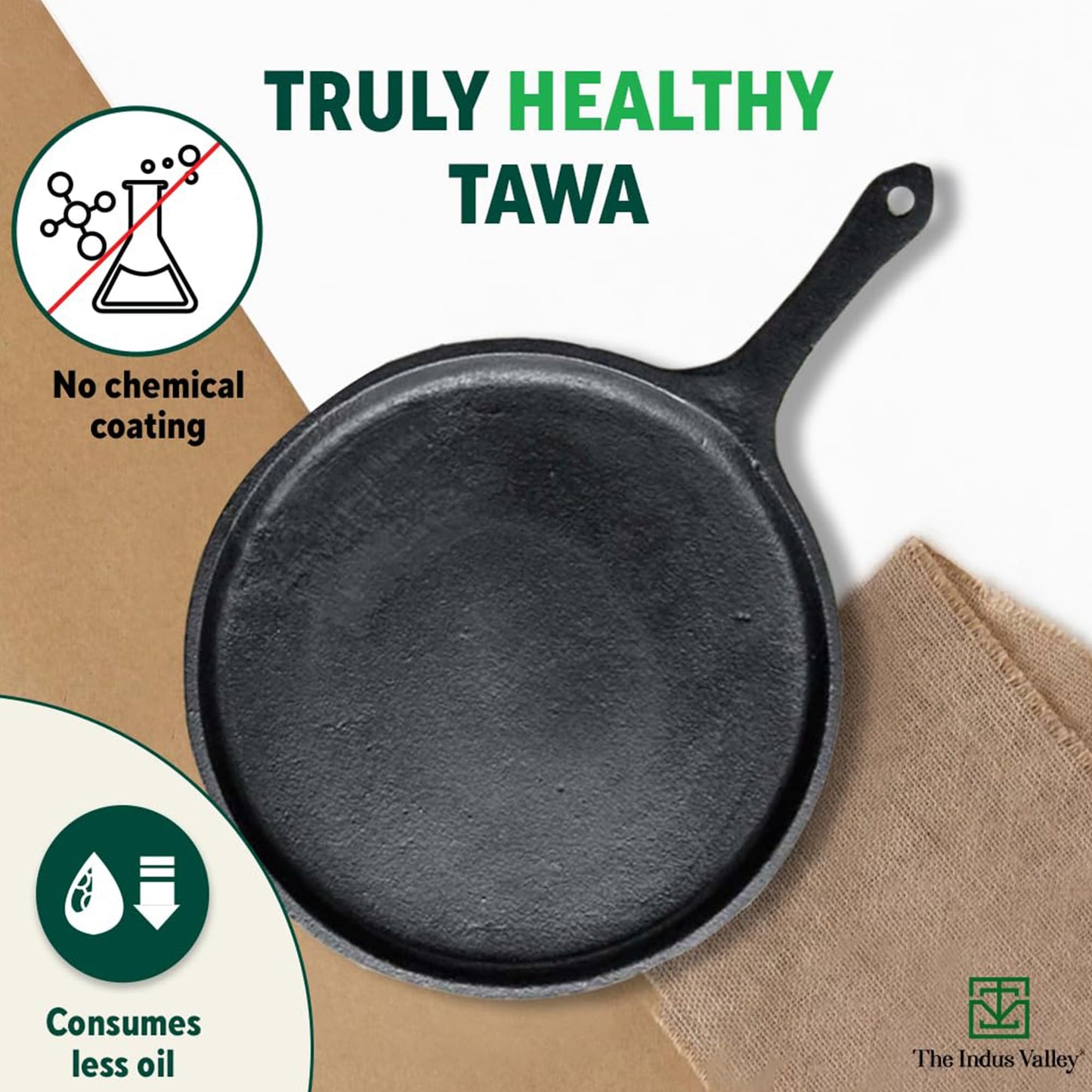 The Indus Valley Pre-Seasoned Cast Iron Tawa with Free Wooden Spatula for Dosa/Chapathi | 25.7cm/10.3 inch, 2kg | Induction Friendly | Naturally Nonstick, 100% Pure & Toxin-Free, No Chemical Coating