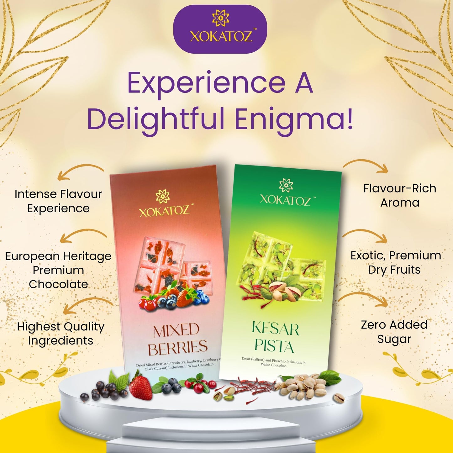 XOKATOZ Exotic Premium Chocolate - 1 Mixed Berries and 1 Kesar Pista Flavours - Flavoured White Chocolate Bars - Gift Set- Pack of 2, 150g (75g x 2)