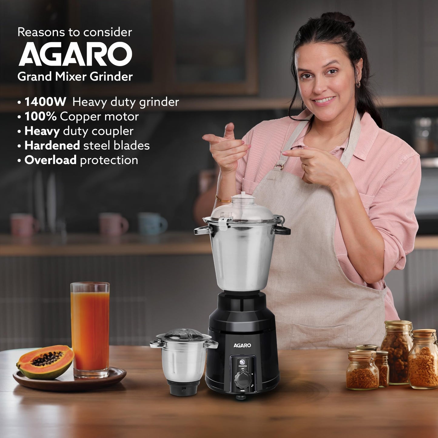 AGARO Grand Commercial Mixer Grinder 1400W, Heavy Duty, 100% Pure Copper Motor, Stainless Steel Jar, 3 Speed with Incher, Stainless Steel Blades, Wet & Dry Grinding, Black & Grey