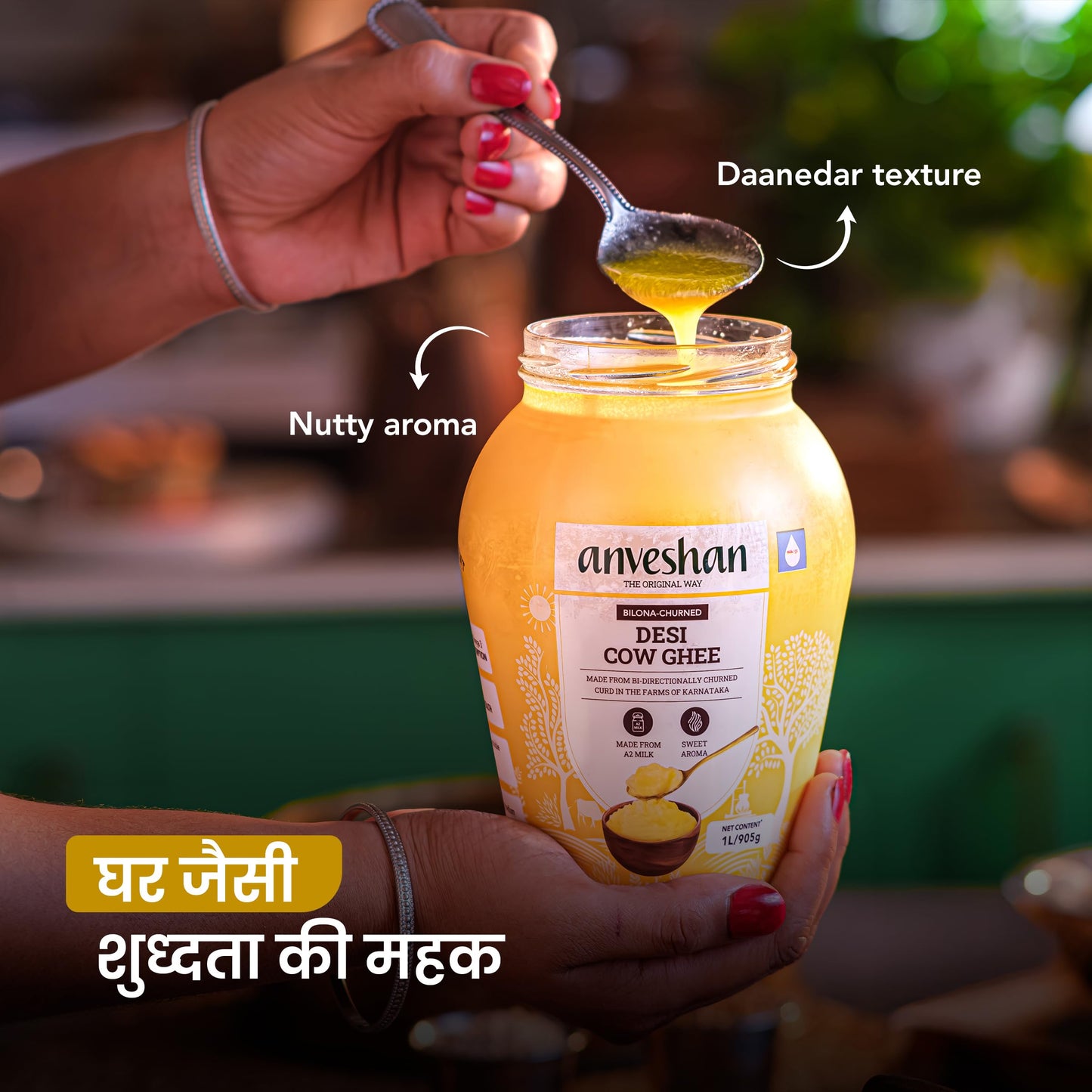 Anveshan A2 Desi Cow Ghee 1 Litre | Traditionally Bilona-Churned, Danedar Ghee | Aromatic| NABL Lab Tested (70+ tests), Cruelty-Free | Grass-Fed | Glass Jar