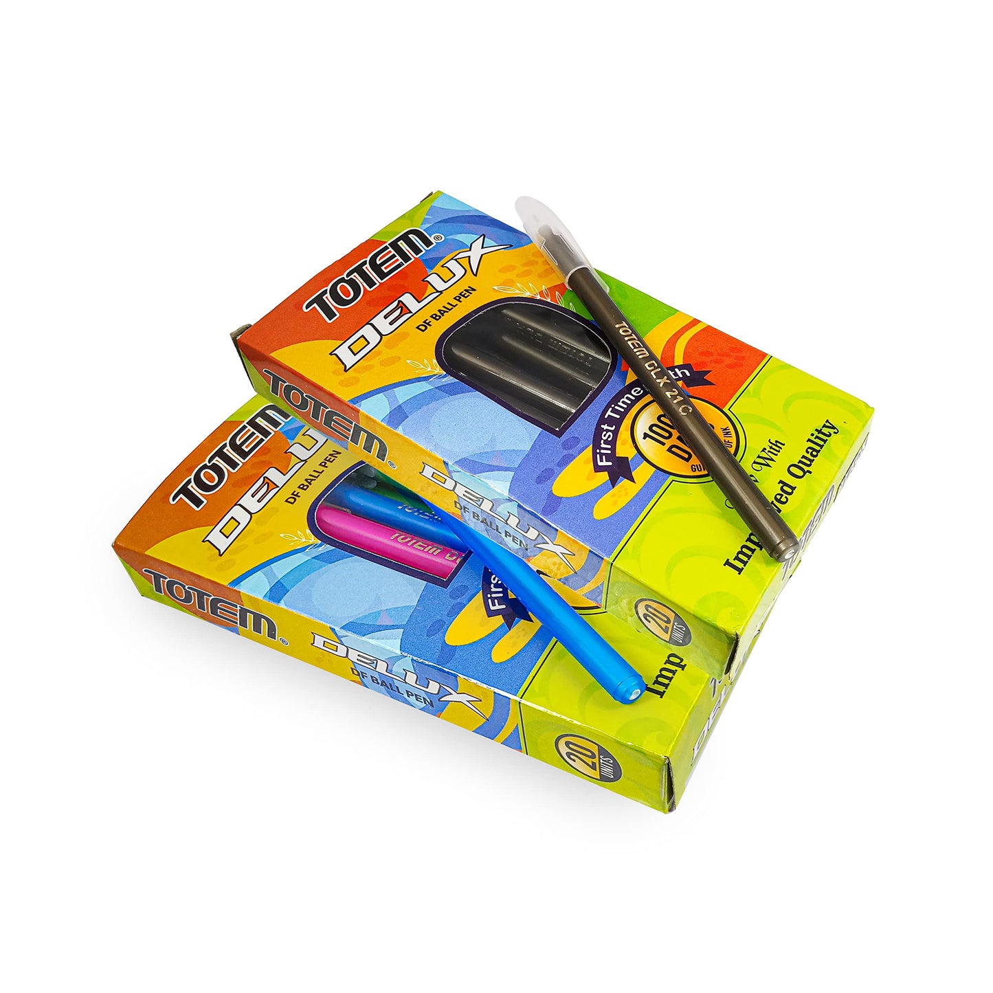 TOTEM Delux Ball Pens | 40 Pens (20 Blue Ink & 20 Black Ink) | Lightweight & Colourful Body Design | 0.7 mm Tip | Use and Throw Pens | For One Time Use | Ideal for School & Office Use