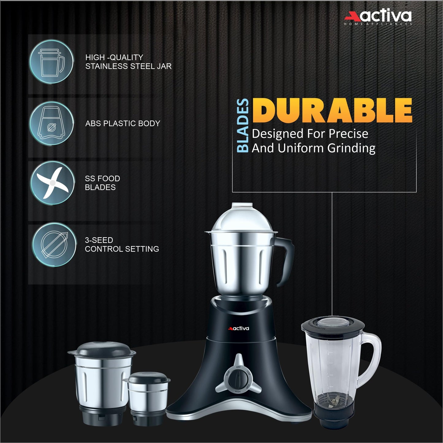 ACTIVA ABS Super Chef 900 Watts Powerful Motor Mixer Grinder With 4 Jars | 2 Years Motor, Black
