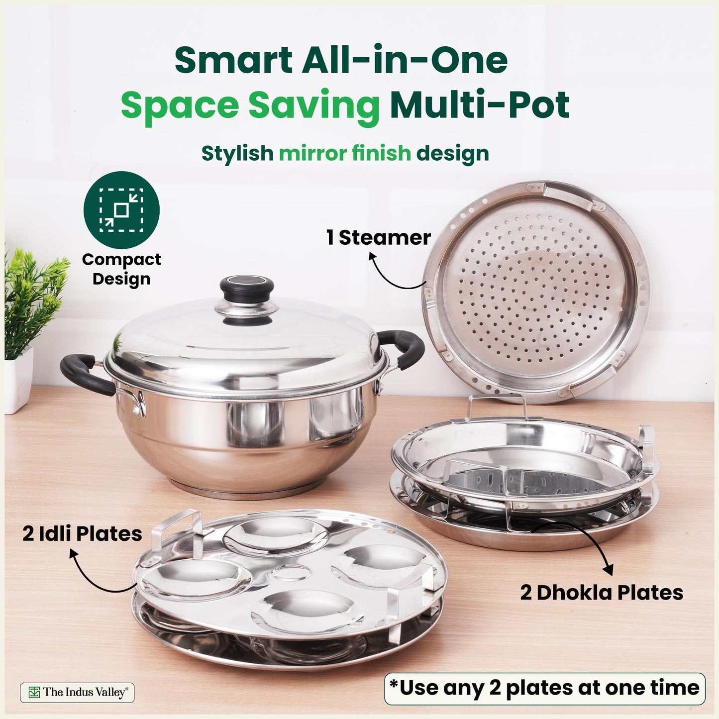 The Indus Valley Stainless Steel Idli Maker/Momo Maker/Multi Kadai/Steamer Set | Small, 5 Plates, 2 Idli | 2 Dhokla | 1 Steamer | 23cm/9 inch, 3Ltr, 1.7kg | 3-Layer Thick Bottom | Induction friendly