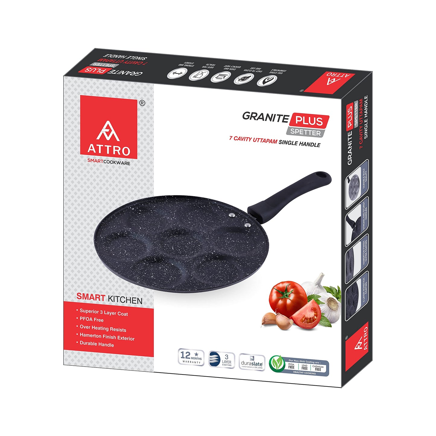 Attro Non Stick Heavy Duty 7 Cavity Single Handle Uttapam Tawa, Spatter Finish, Black