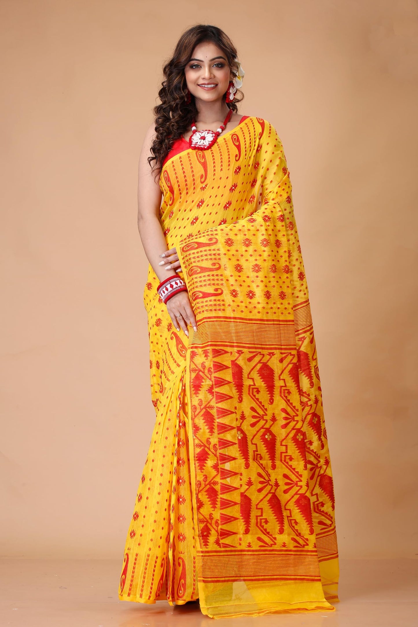 Tant Vastra Stylish Soft Cotton Silk Jamdani Saree For Women, Without Blouse Piece (Yellow)