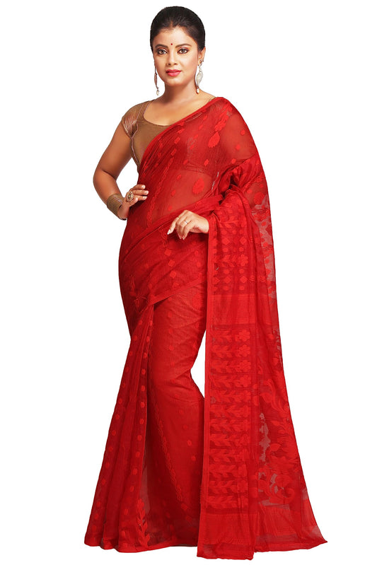 BENGAL HANDLOOM Women's Cotton Silk Dhakai Bbd1 Soft Jamdani Sarees, Red
