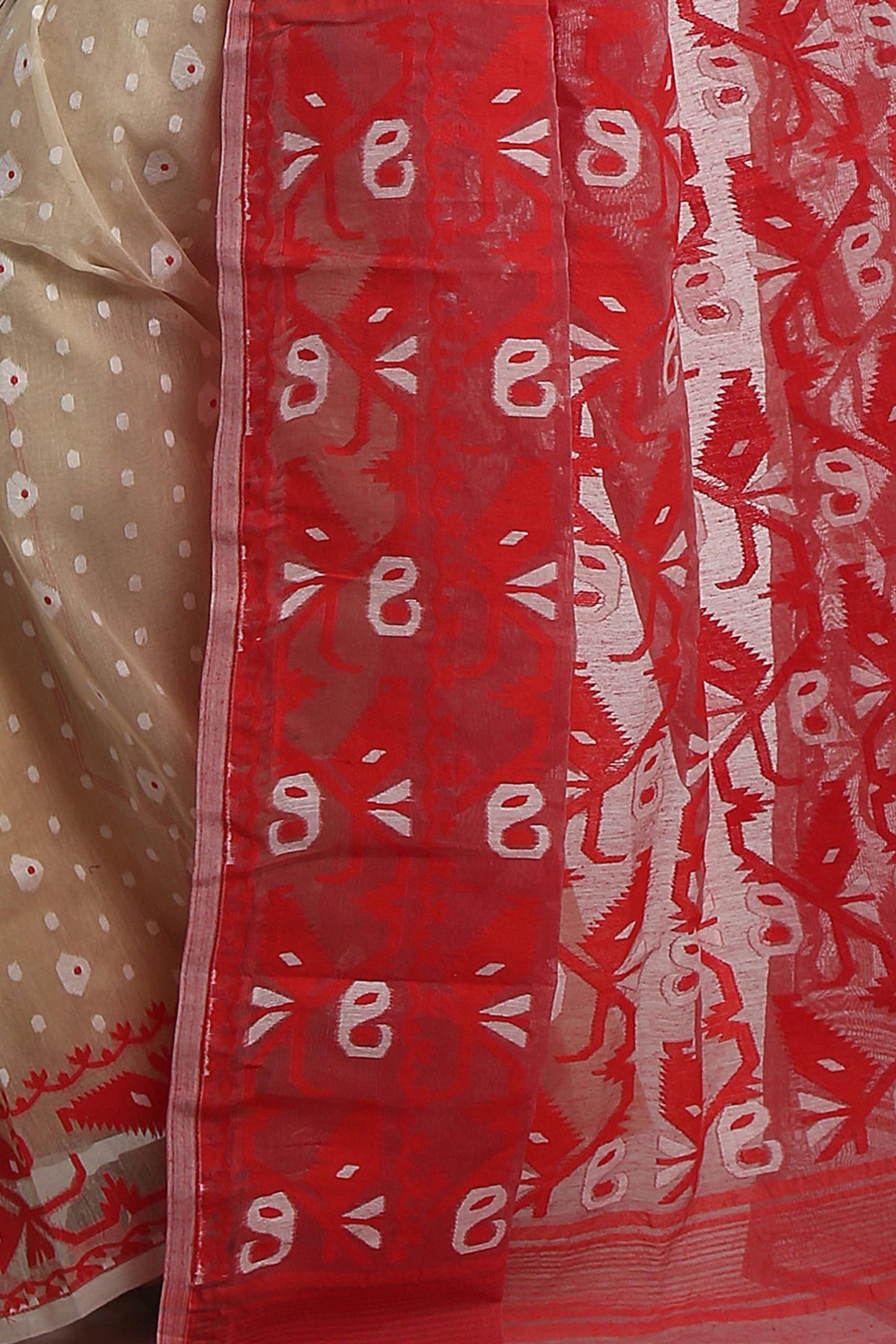 WoodenTant Women's Bengal Made Soft Dhakai Jamdani Saree Without Blouse Piece. (Beige & Red, Cotton)