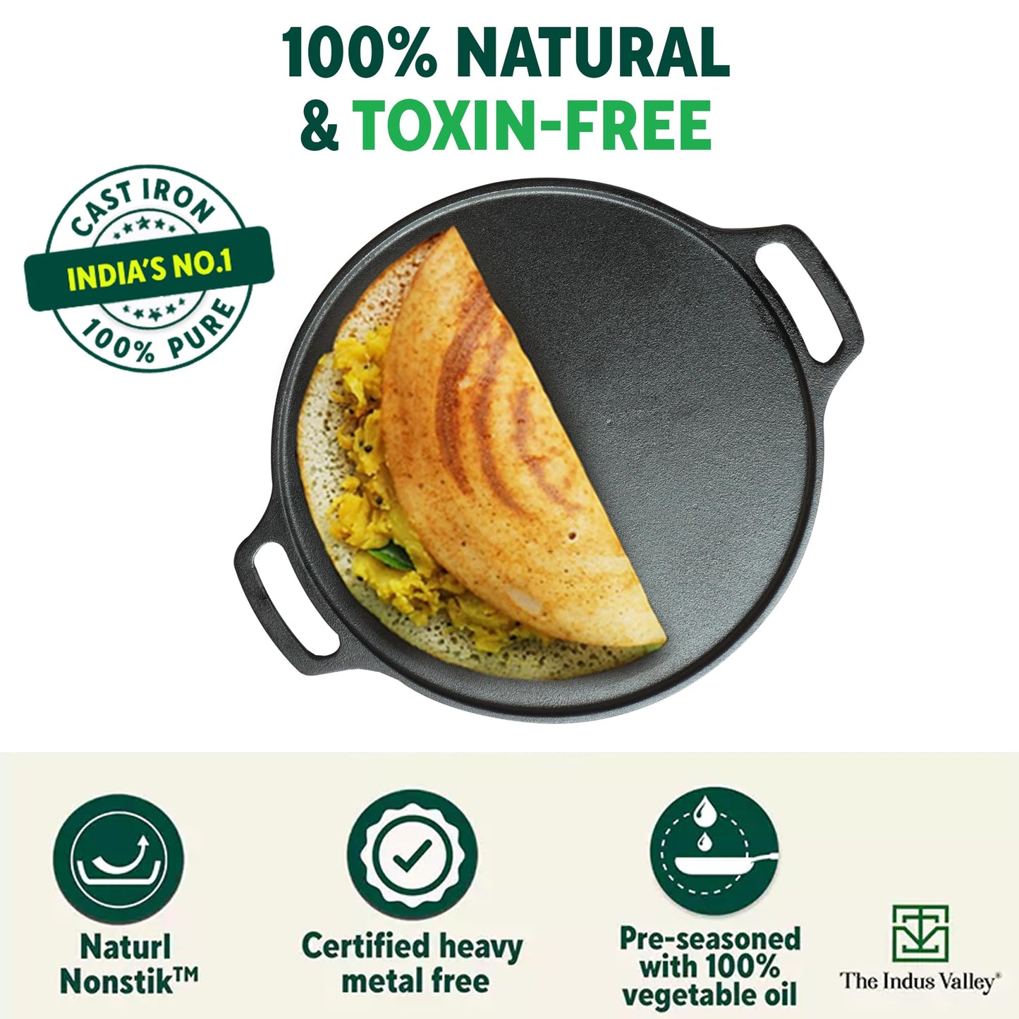 The Indus Valley Pre-Seasoned Cast Iron Tawa for Dosa/Chapathi | 30.2cm/11.8 inch, 2.4kg | Induction Friendly | Nonstick, Pre-Seasoned Tawa, 100% Pure & Toxin-Free, No Chemical Coating, Black