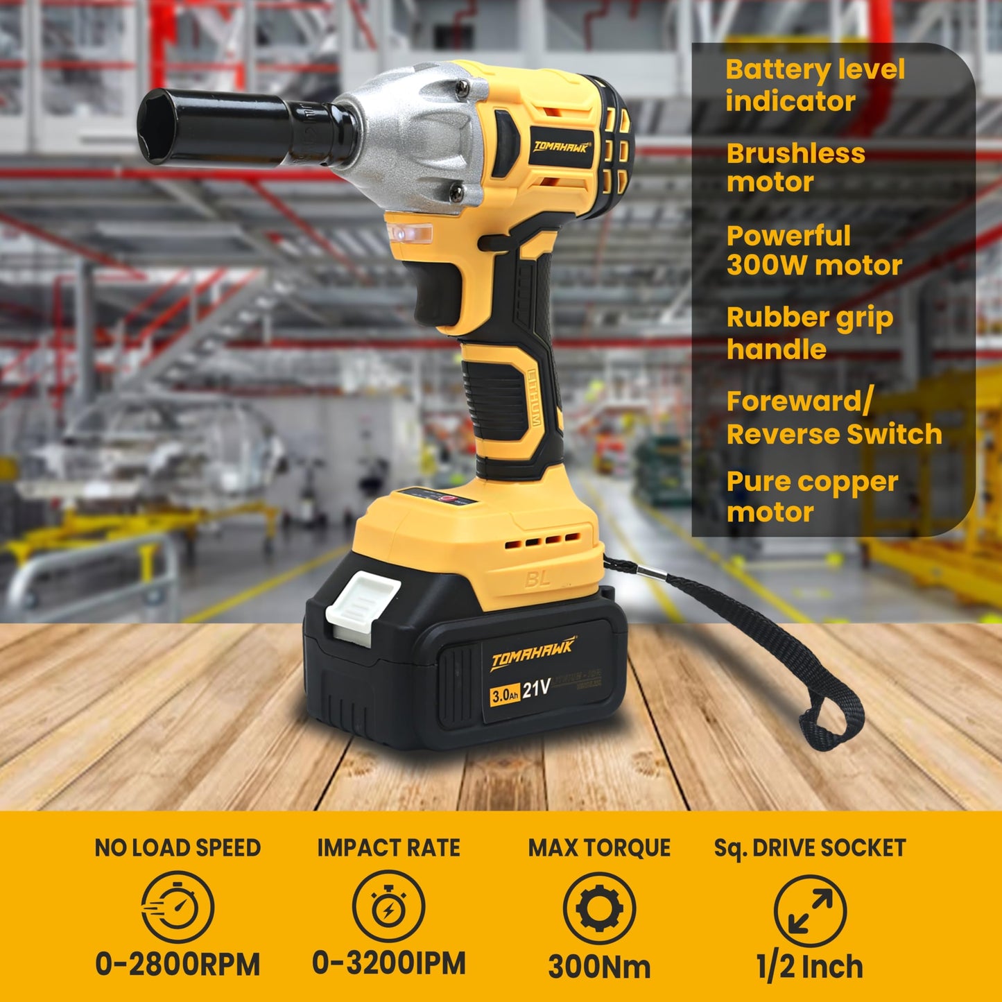 Tomahawk® T8582-2 Brushless Cordless 21V Batteries- 1/2 Inch Drive-3300Ipm- 2300Rpm-300Nm Torque- Led Lights, Fixed Square