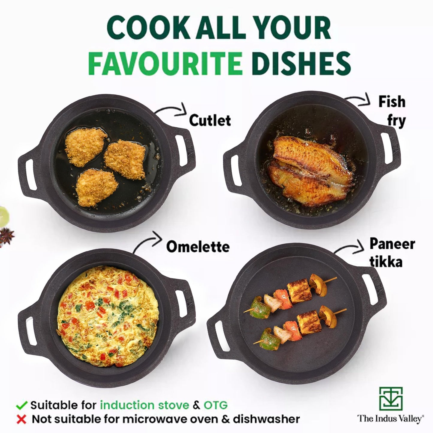 The Indus Valley Preseasoned Cast Iron Fish Fry Pan With Double Handle| Medium 22.4Cm/ 8.8Inch, 1.5Kg | Induction Friendly | Nonstick Fish Fry Pan, 100% Pure & Toxin Free, No Chemical Coating, Black