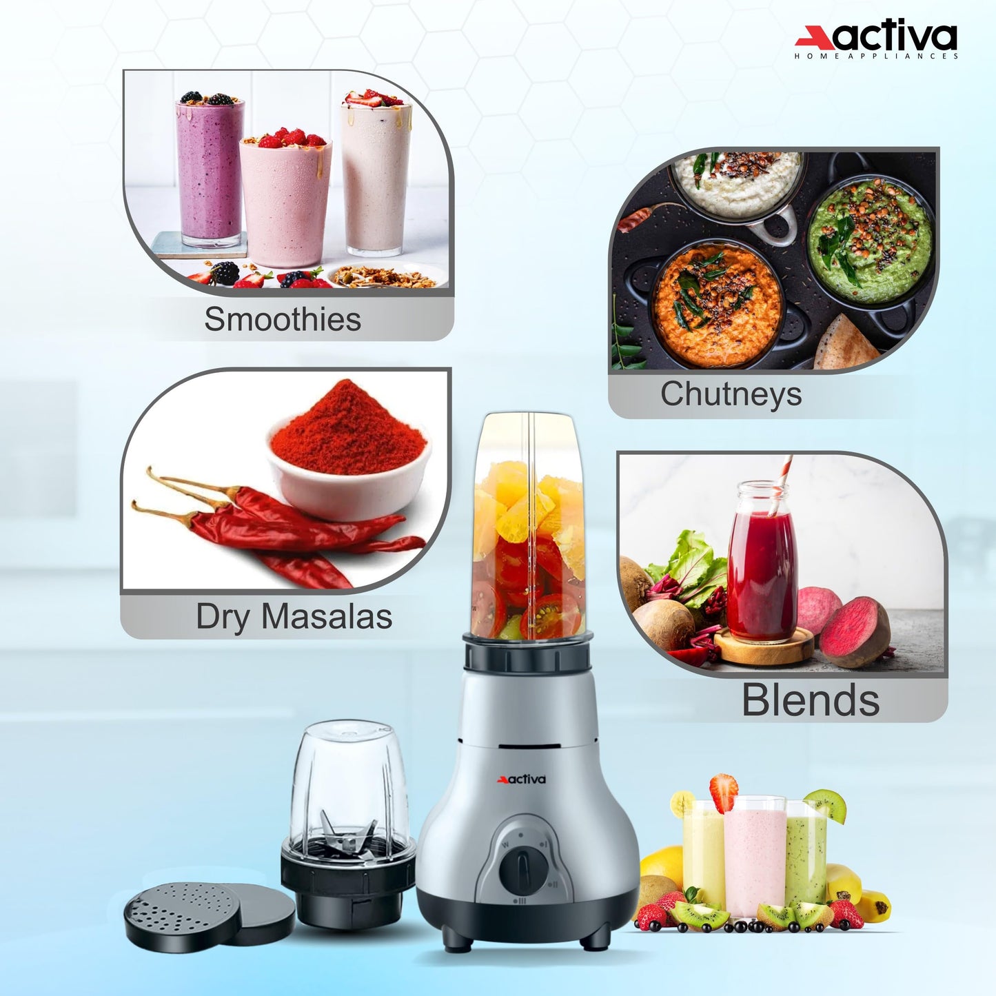 ACTIVA Easy Mix Nutri 2 Jar Mixer Grinder Powerful 500 Watt Motor | Long Lasting Shock Proof Abs Body | Heavy Duty Motor With Nano - Grinding Technology, Black come with 2 year warranty